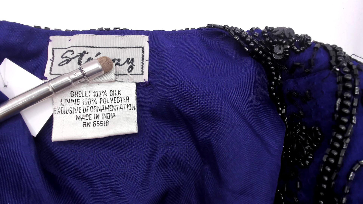 90s Stenay Silk Cropped Jacket Navy Beaded Floral Sequin Small