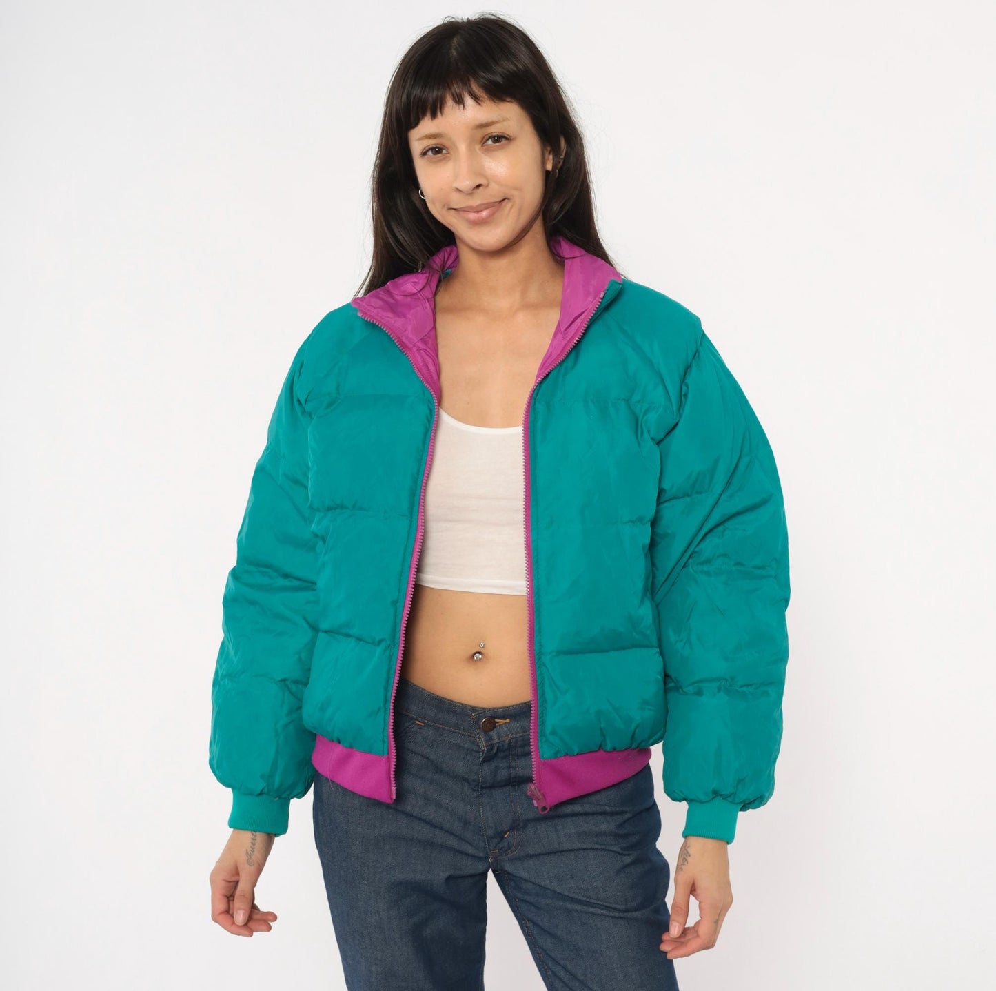 90s Paris Sport Club Reversible Down Puffer Jacket Teal Magenta Medium M