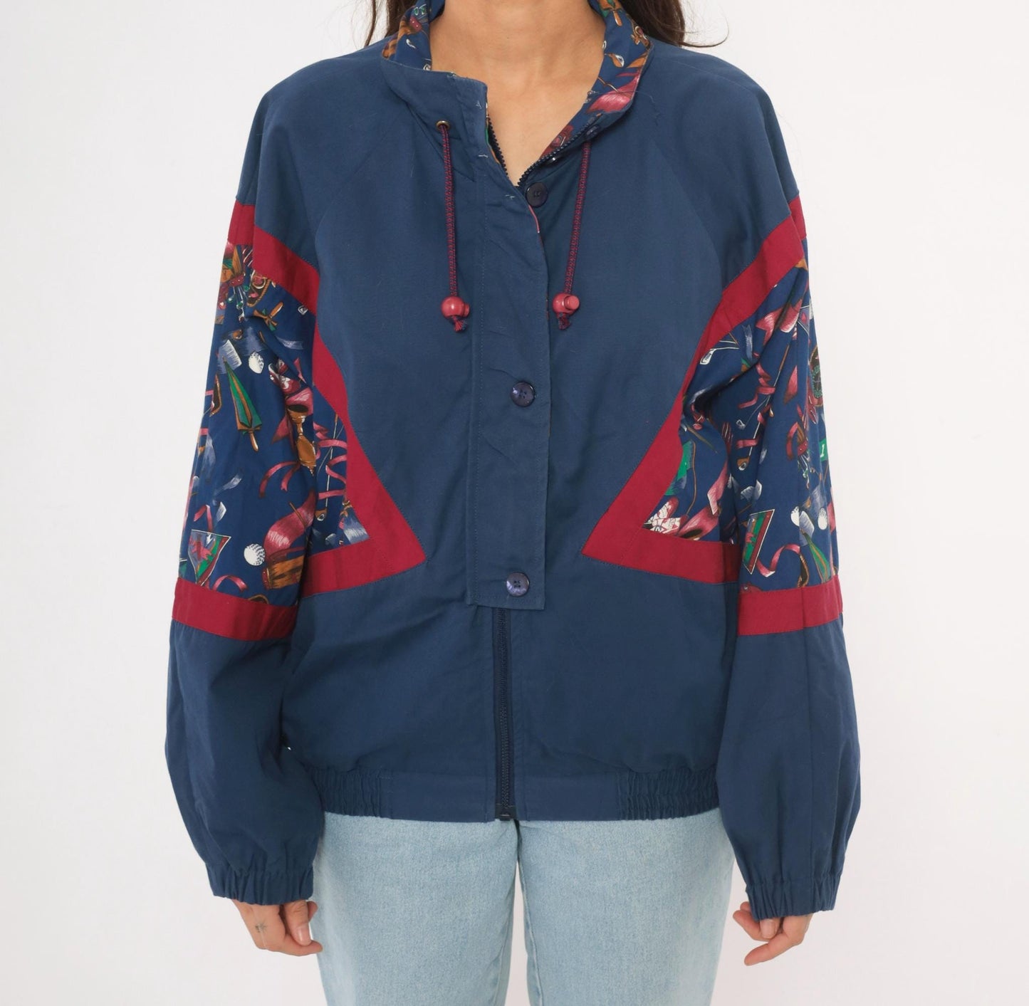 90s Line-Up Golf Print Windbreaker Navy Nylon Jacket Red Color Block Medium