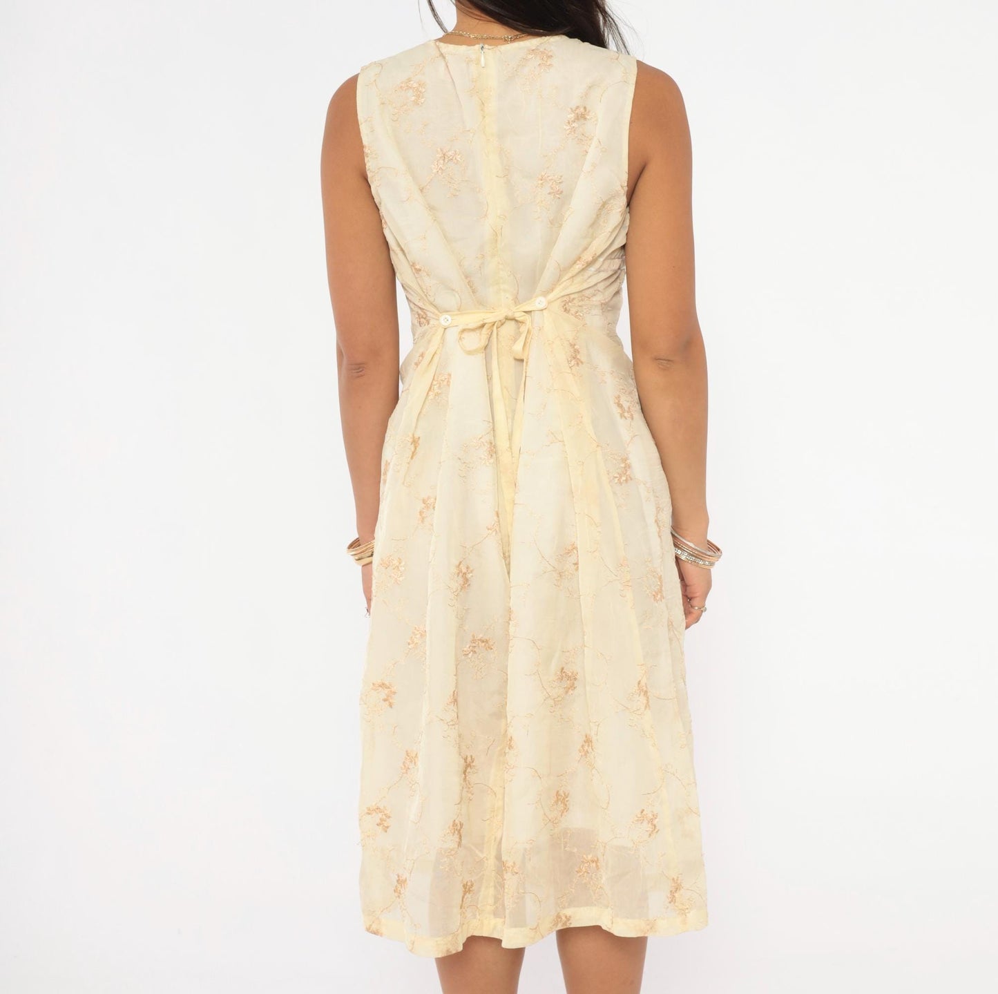 Y2K Nice Mommy Cream Organza Floral Embroidered Dress Gold Vine Knee Length Large L