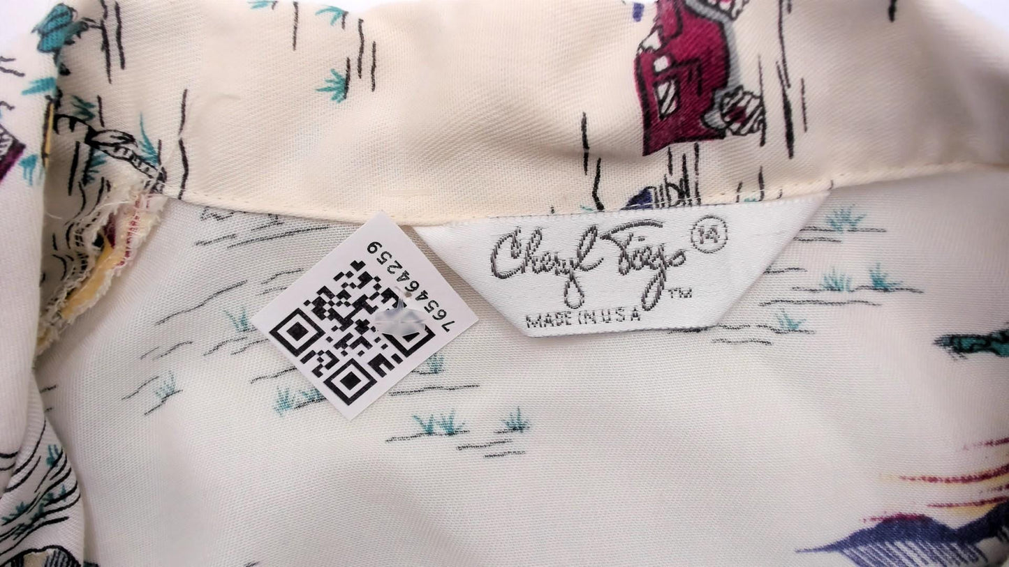 90s Cheryl Tiegs Safari Animal Print Camp Shirt Ivory Cream Large L