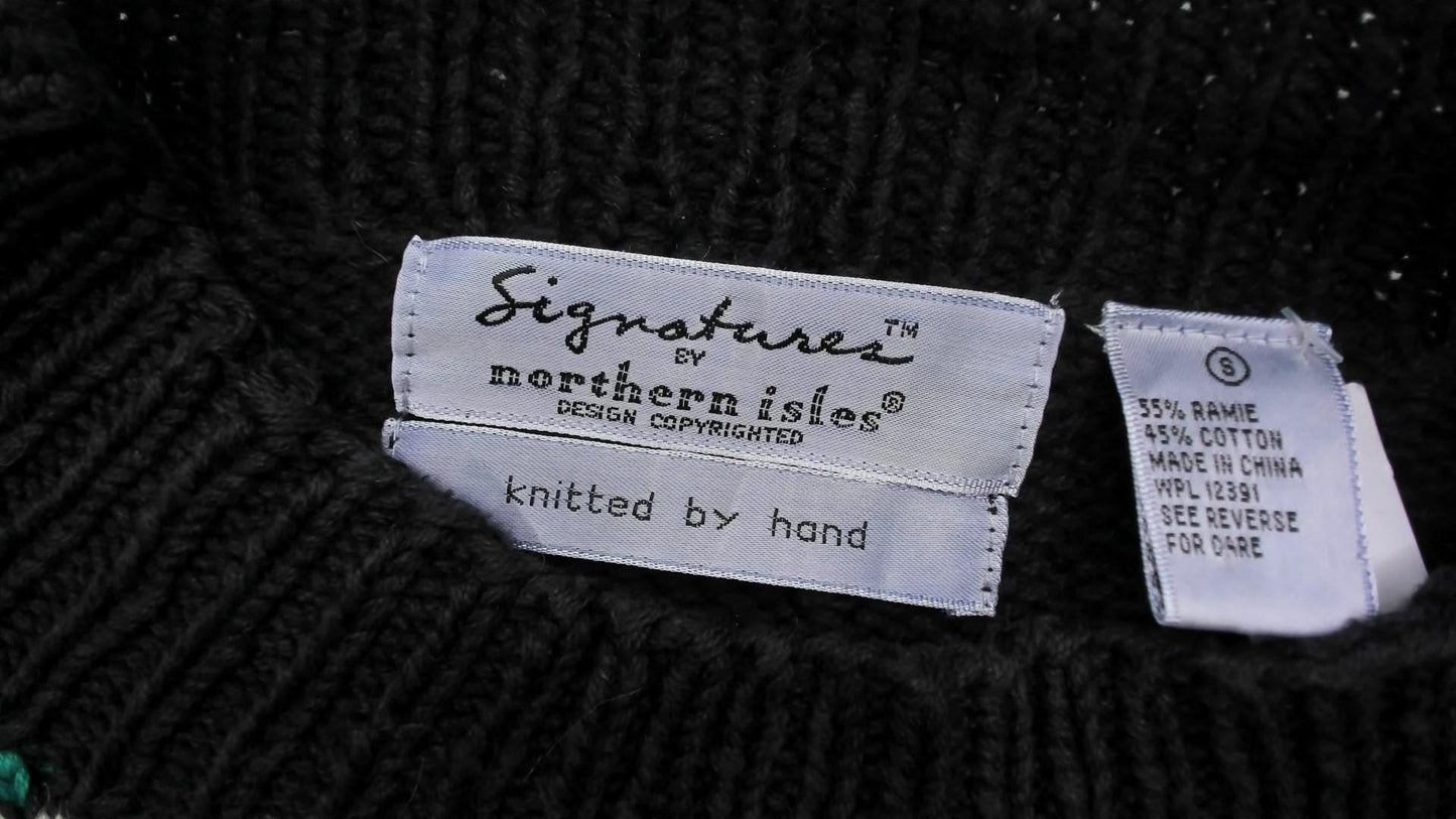 90s Signatures Black Alphabet Floral Knit Sweater Cable Knit Pullover Small S