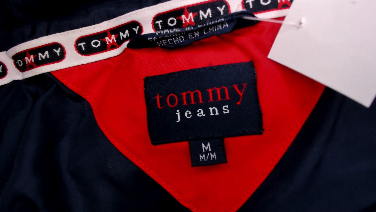 90s Tommy Jeans Red Down Puffer Jacket Hooded Cropped Quilted Medium M