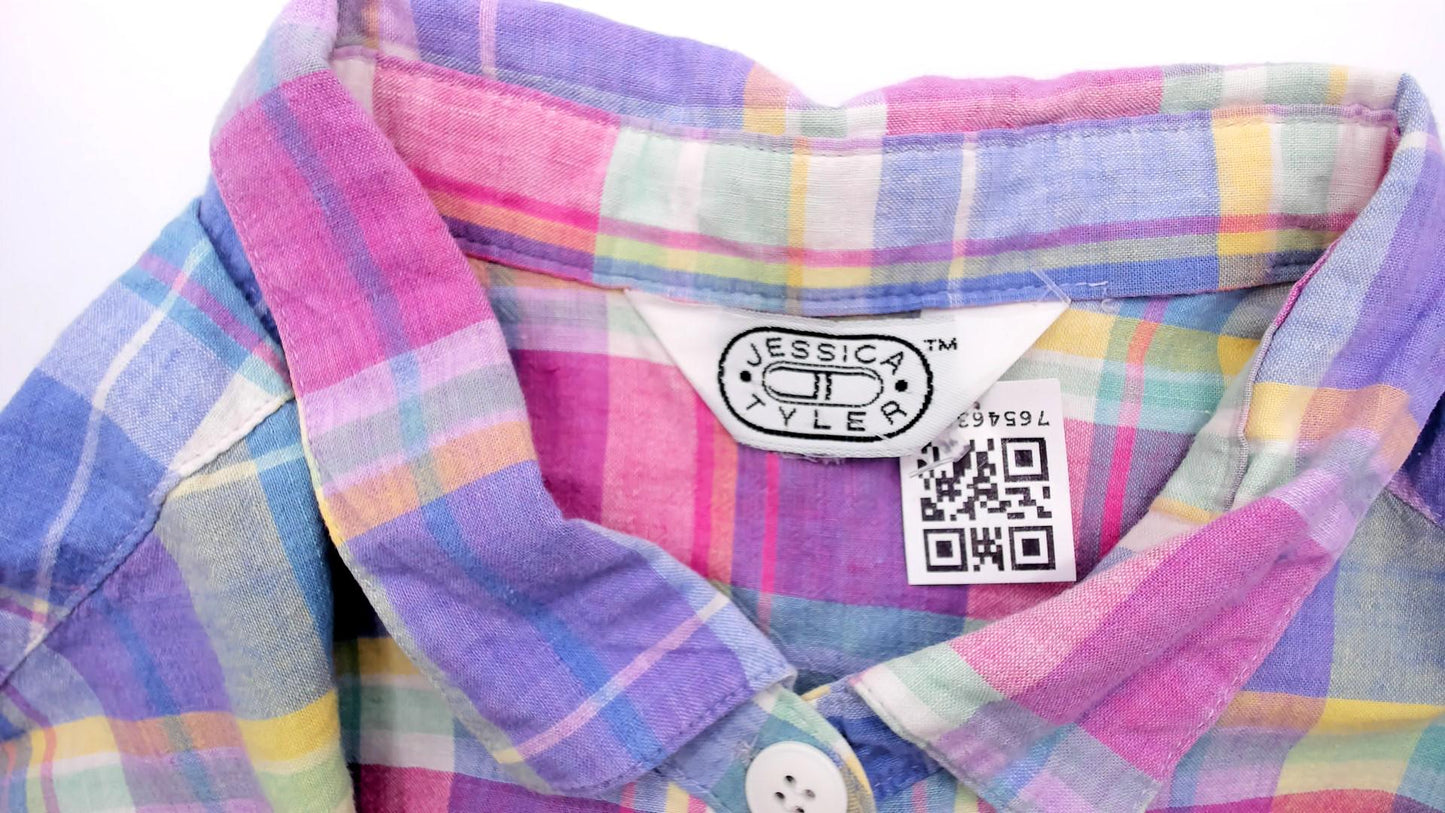 80s Jessica Tyler Madras Plaid Button-Up Blouse Pink Lavender Blue Cotton Large L