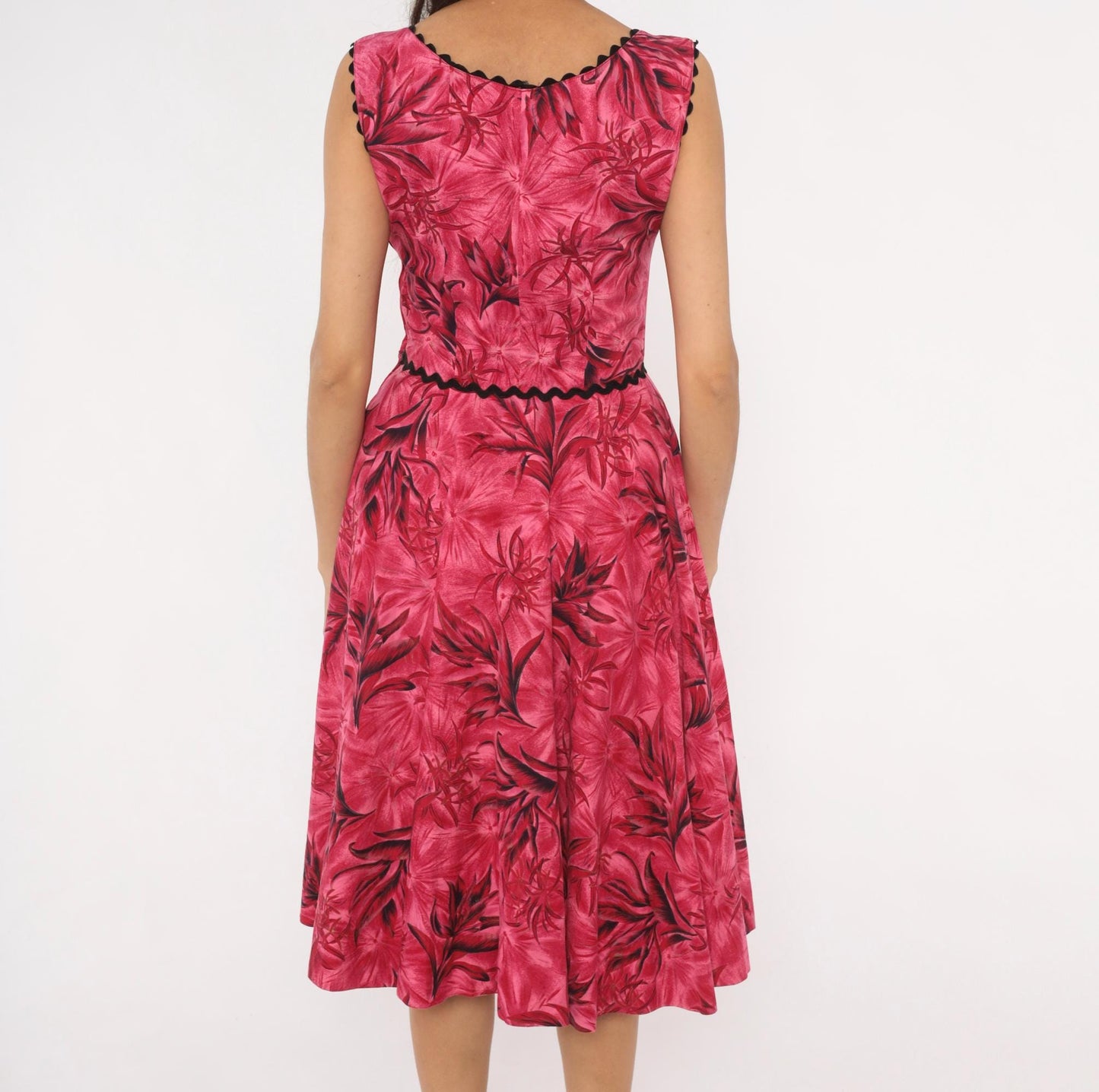 60s Tropical Floral A-Line Dress Pink Black Ric Rac Cotton Small