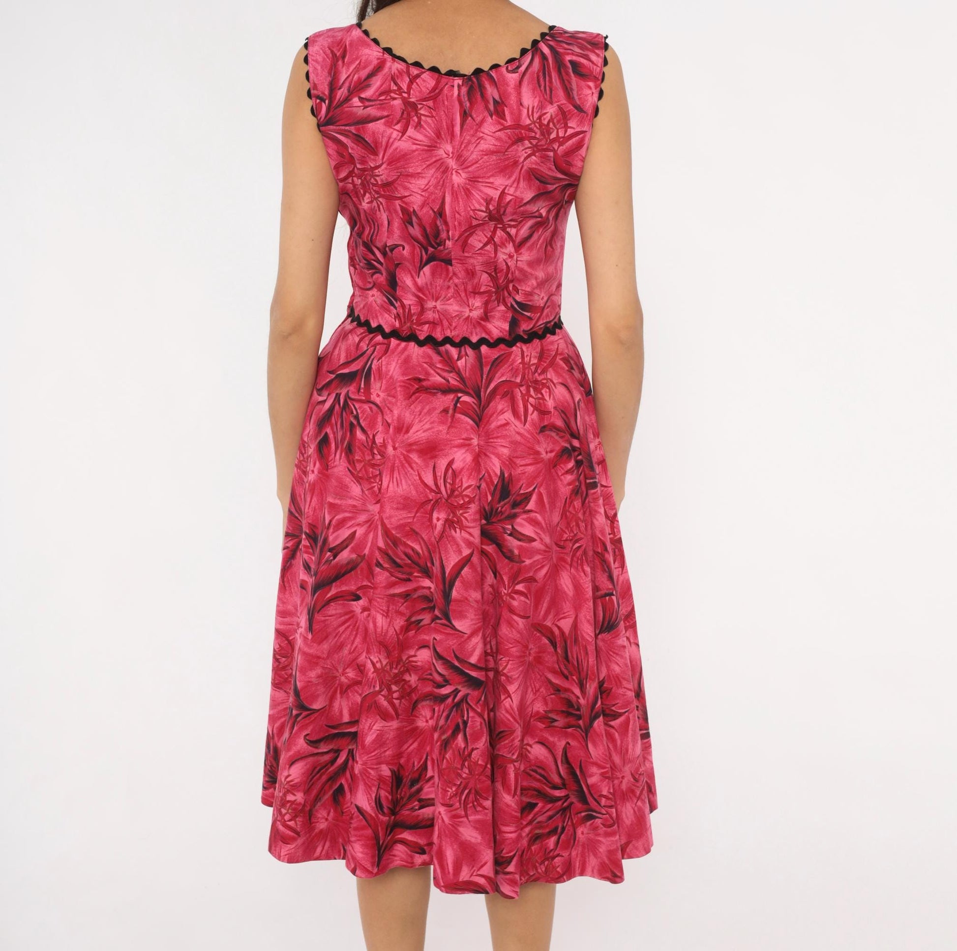 60s Tropical Floral A-Line Dress Pink Black Ric Rac Cotton Small