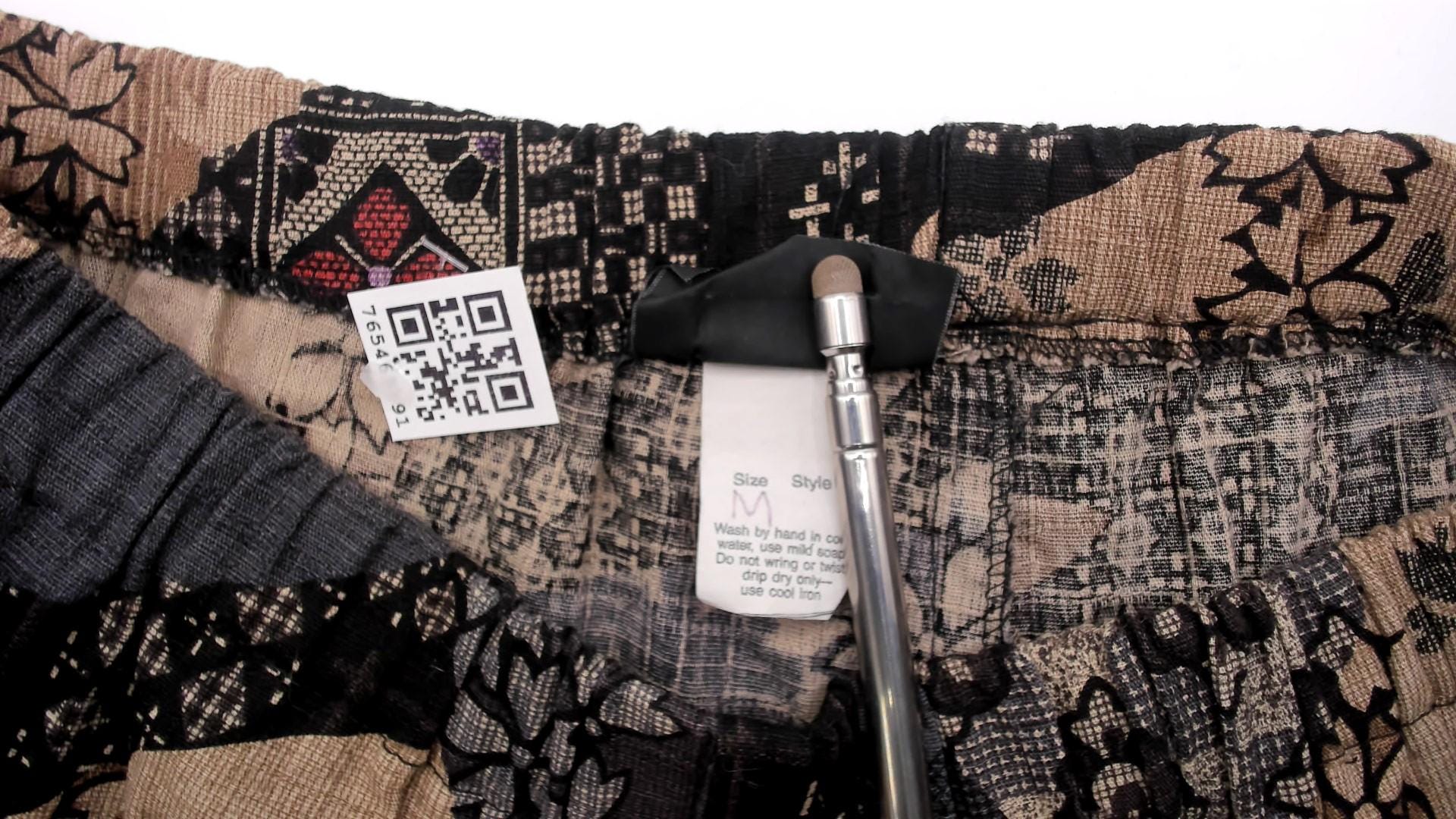 90s Patchwork Print Wide Leg Trousers Black Floral Geometric Elastic Waist Medium M