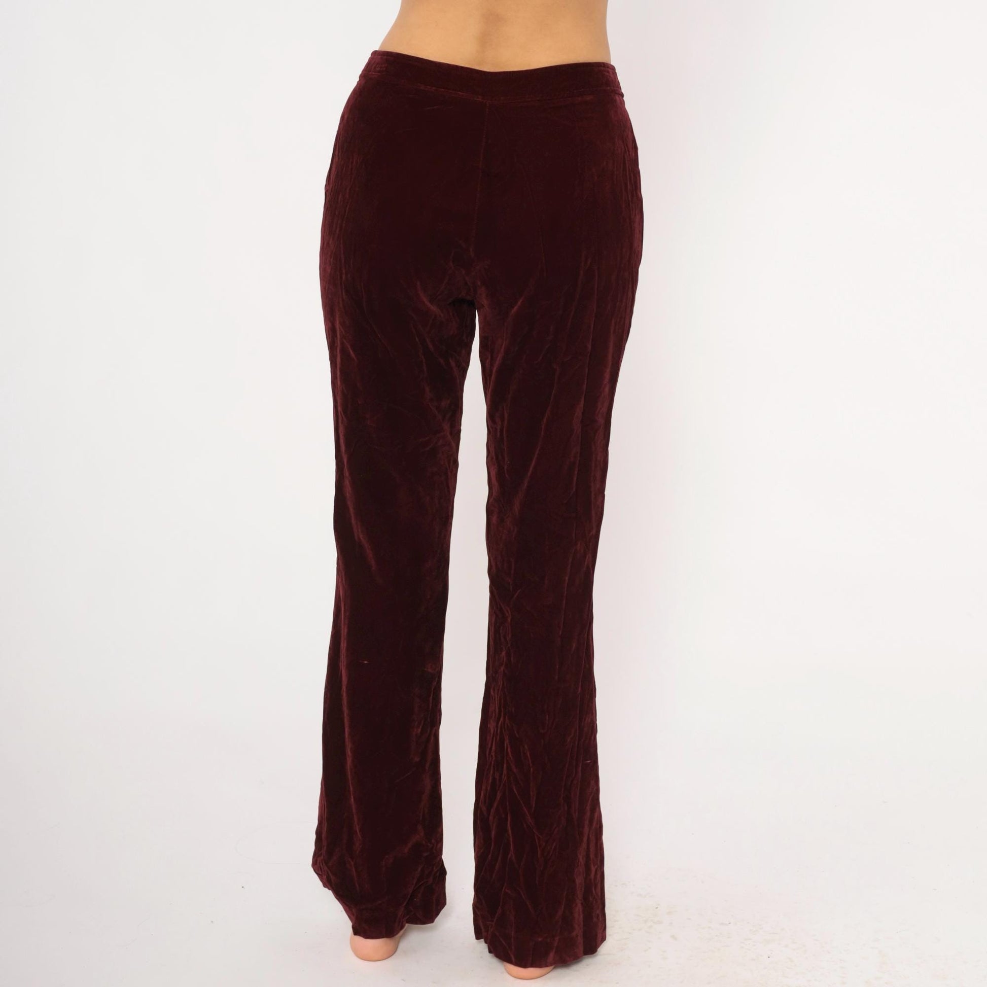 70s Burgundy Crushed Velvet Flare Pants Embroidered Low Rise Medium M