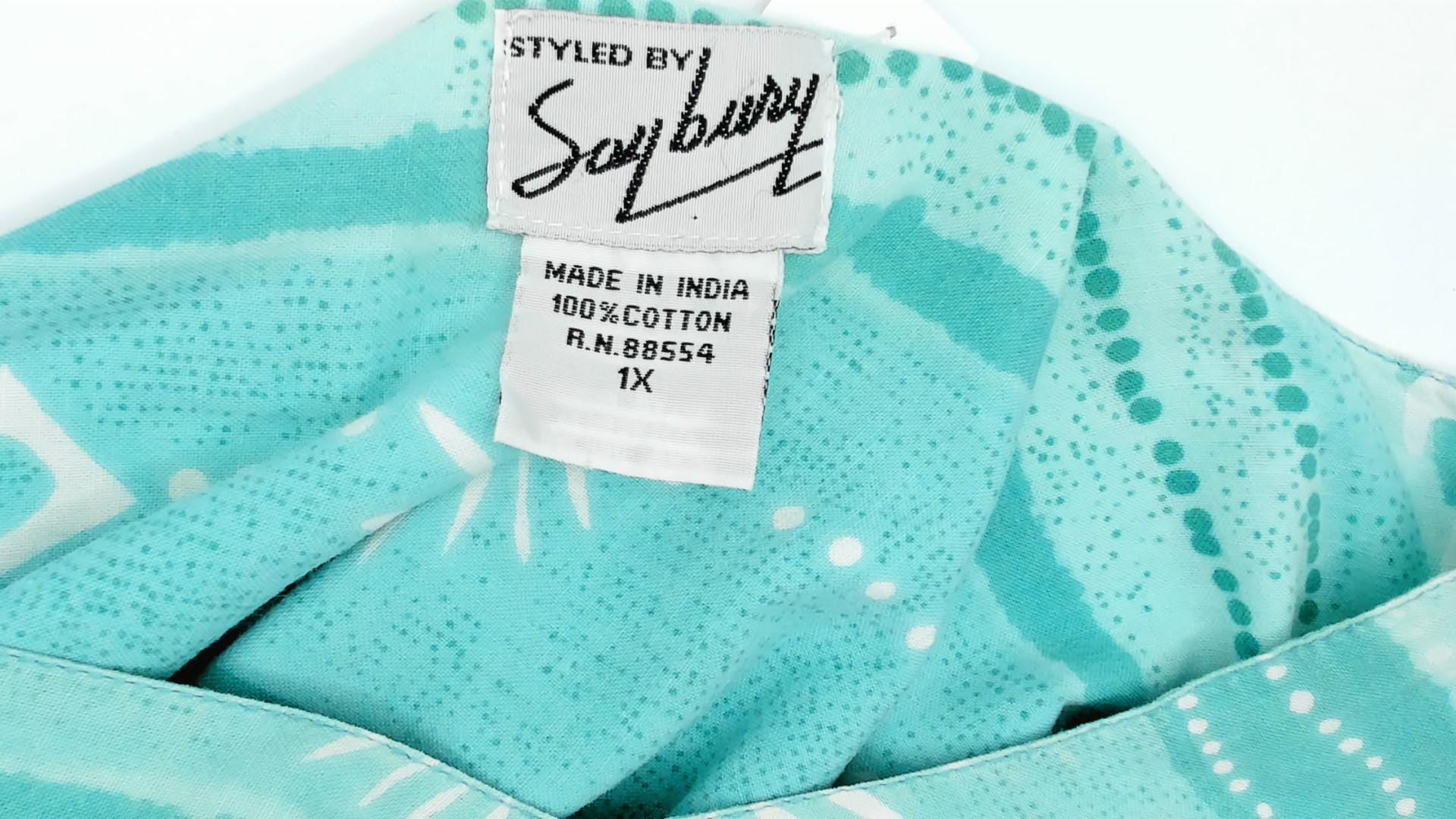 80s Styled By Saybury Teal Block Print Cotton Muumuu Midi Dress Plus Size 1X