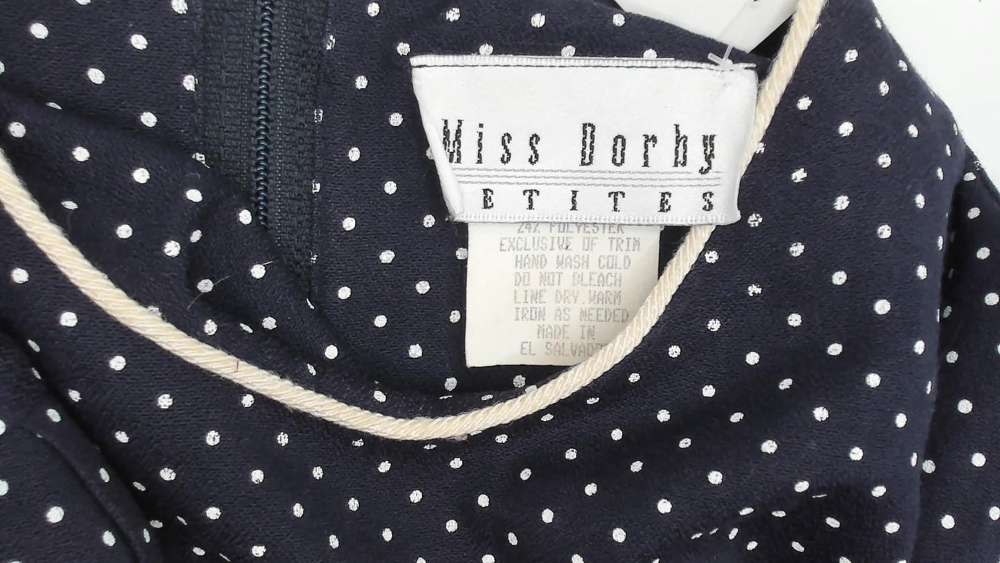 80s Miss Dorby Navy Polka Dot Dress Puff Sleeve Soutache Braid Waist Large L