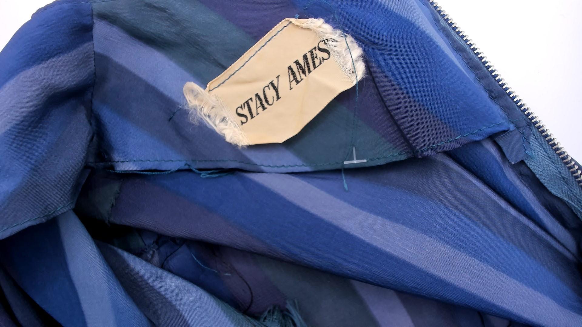 60s Stacy Ames Striped Pleated Midi Dress Navy Teal Crew Neck Small