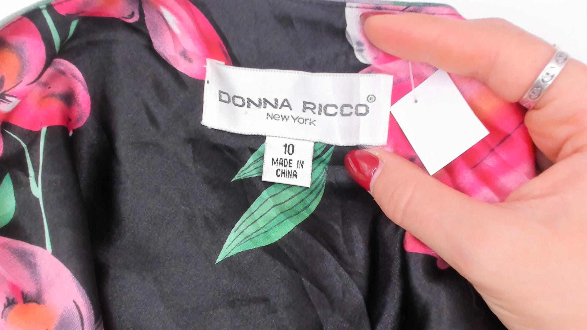 90s Donna Ricco Silk Dress Tropical Floral Black Cowl Neck Layered Hem Medium M
