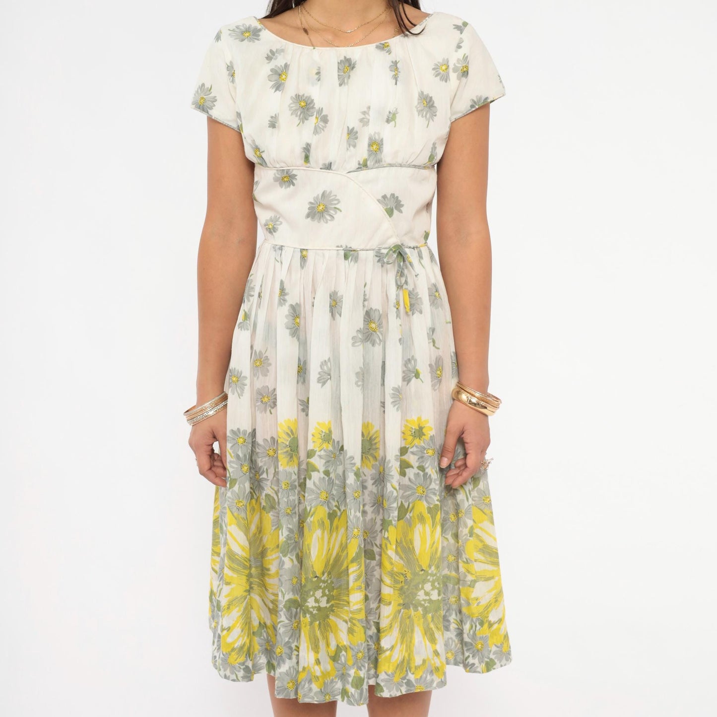 60s Daisy Print Fit And Flare Dress White Yellow Cotton Cap Sleeve Extra Small XS