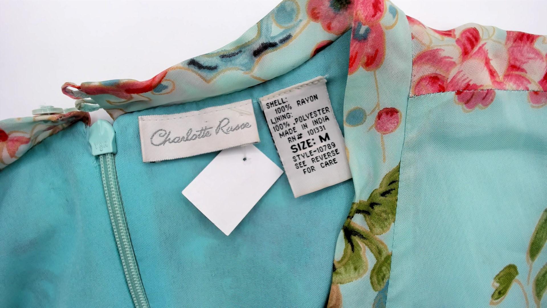 2000s Charlotte Russe Chrysanthemum Floral Midi Dress V-Neck Cap Sleeve Teal Medium M