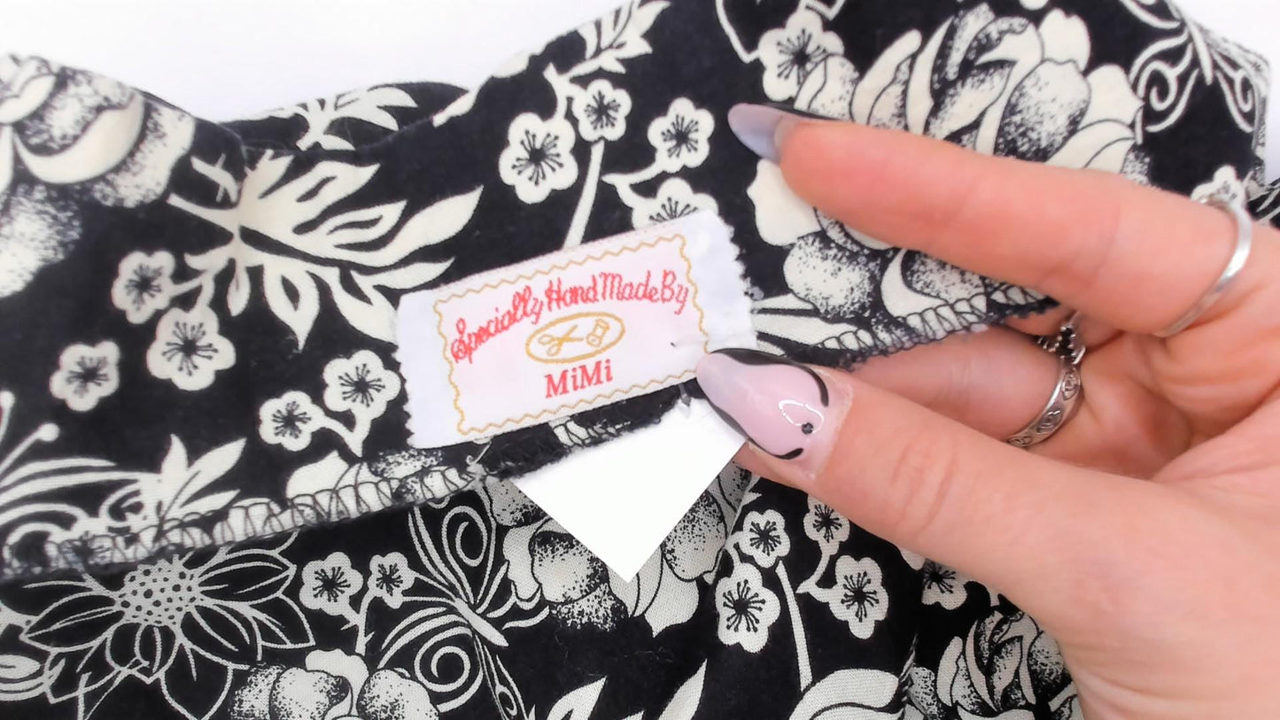 80s Floral Bird Print Sundress Black Cream Tie Shoulder A-Line Knee Length Medium M