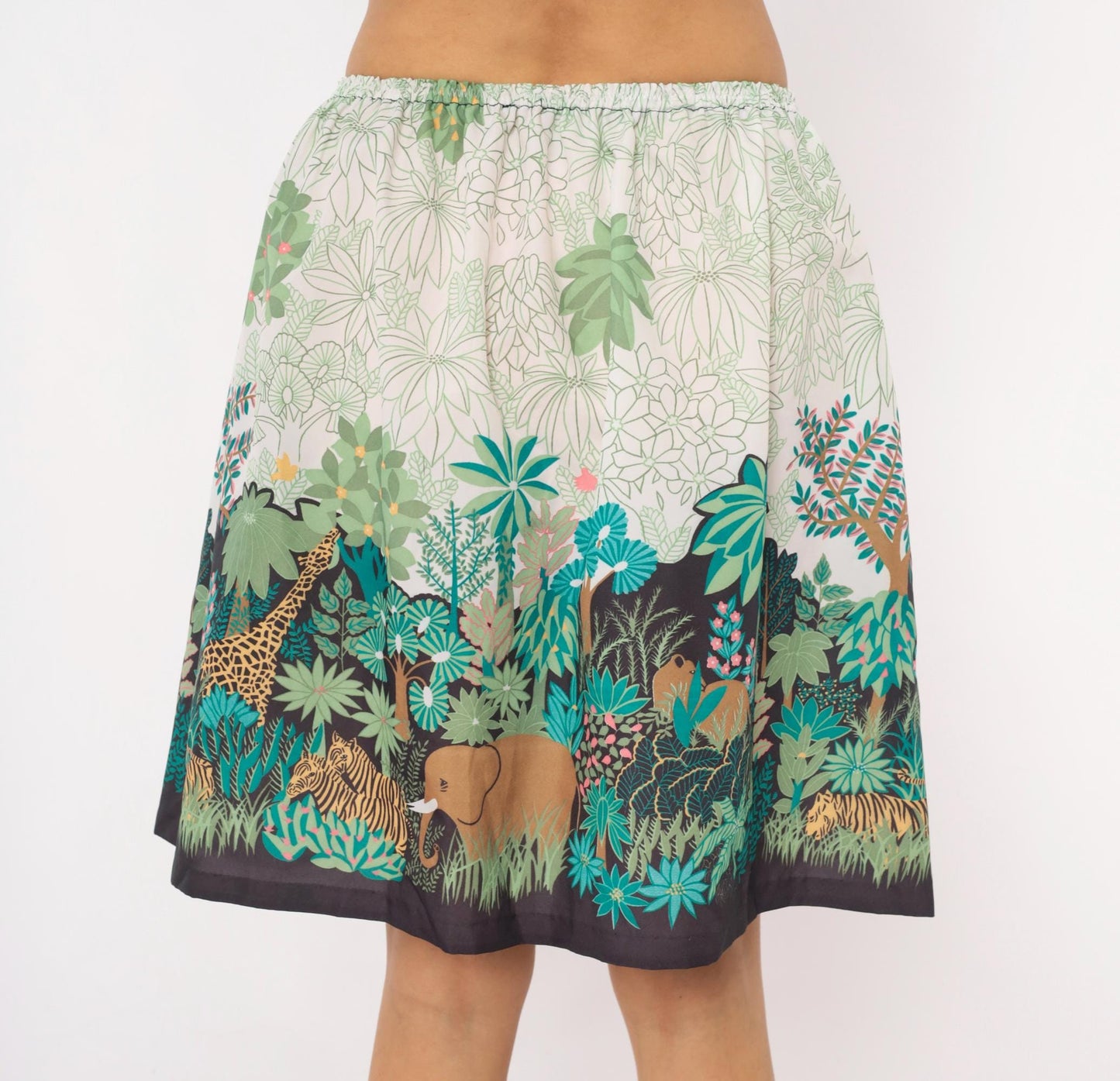 80s Jungle Safari Animal Print A-Line Skirt Knee-Length Cream Small Medium
