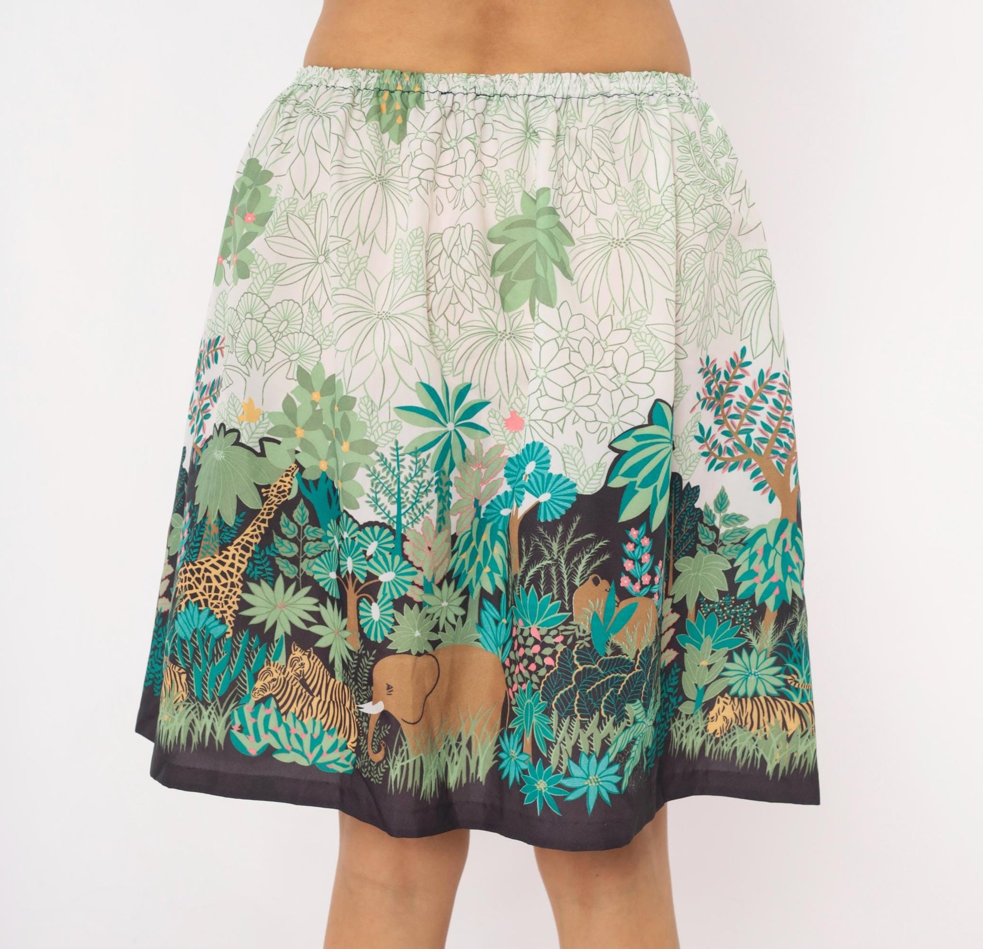 80s Jungle Safari Animal Print A-Line Skirt Knee-Length Cream Small Medium