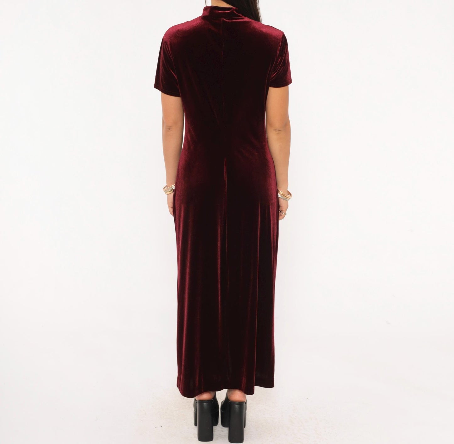 90s Dressing Clio Burgundy Velvet Cheongsam Maxi Dress Mandarin Collar Medium M