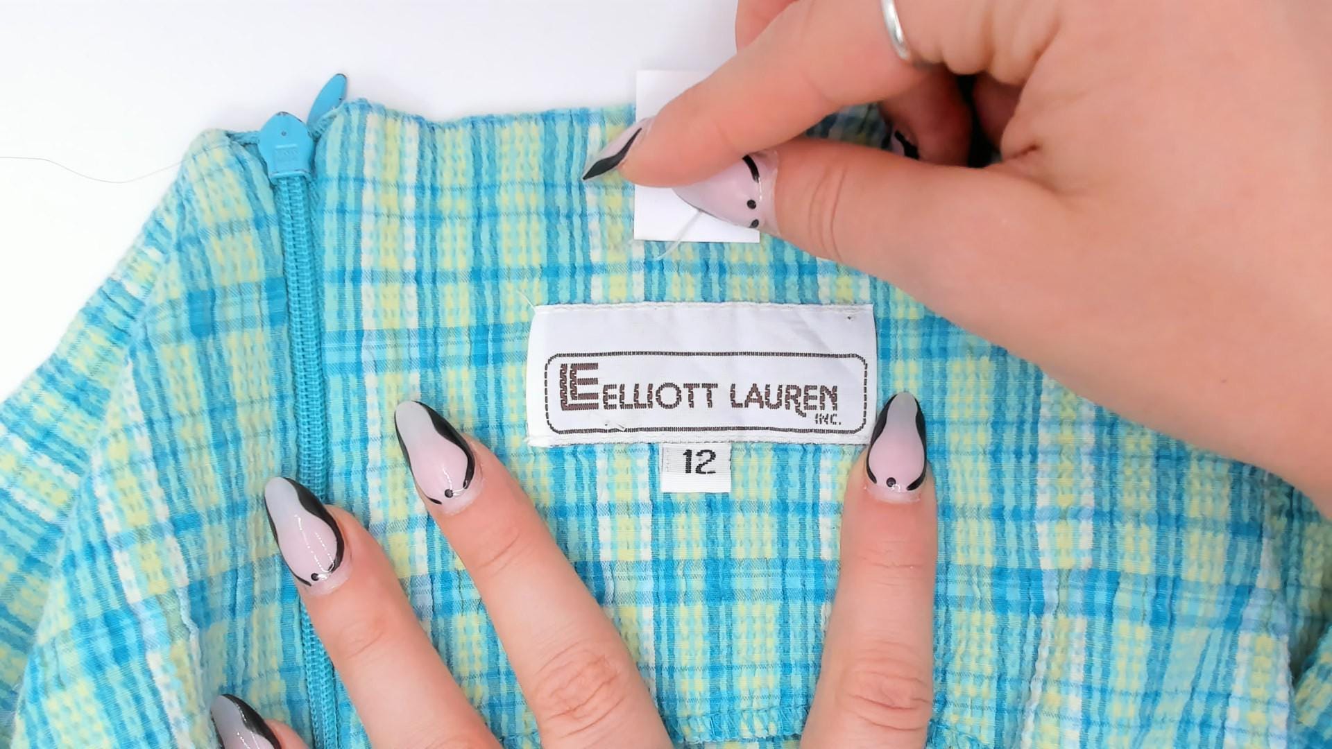 90s Elliott Lauren Plaid Shift Dress Aqua Green Check Square Neck Large L