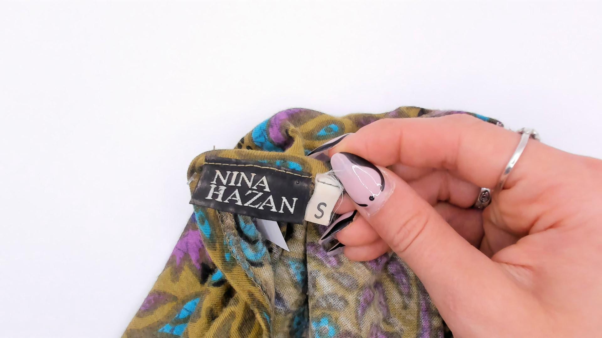 2000s Nina Hazan Olive Floral Midi Dress V-Neck Ruffle Hem Small