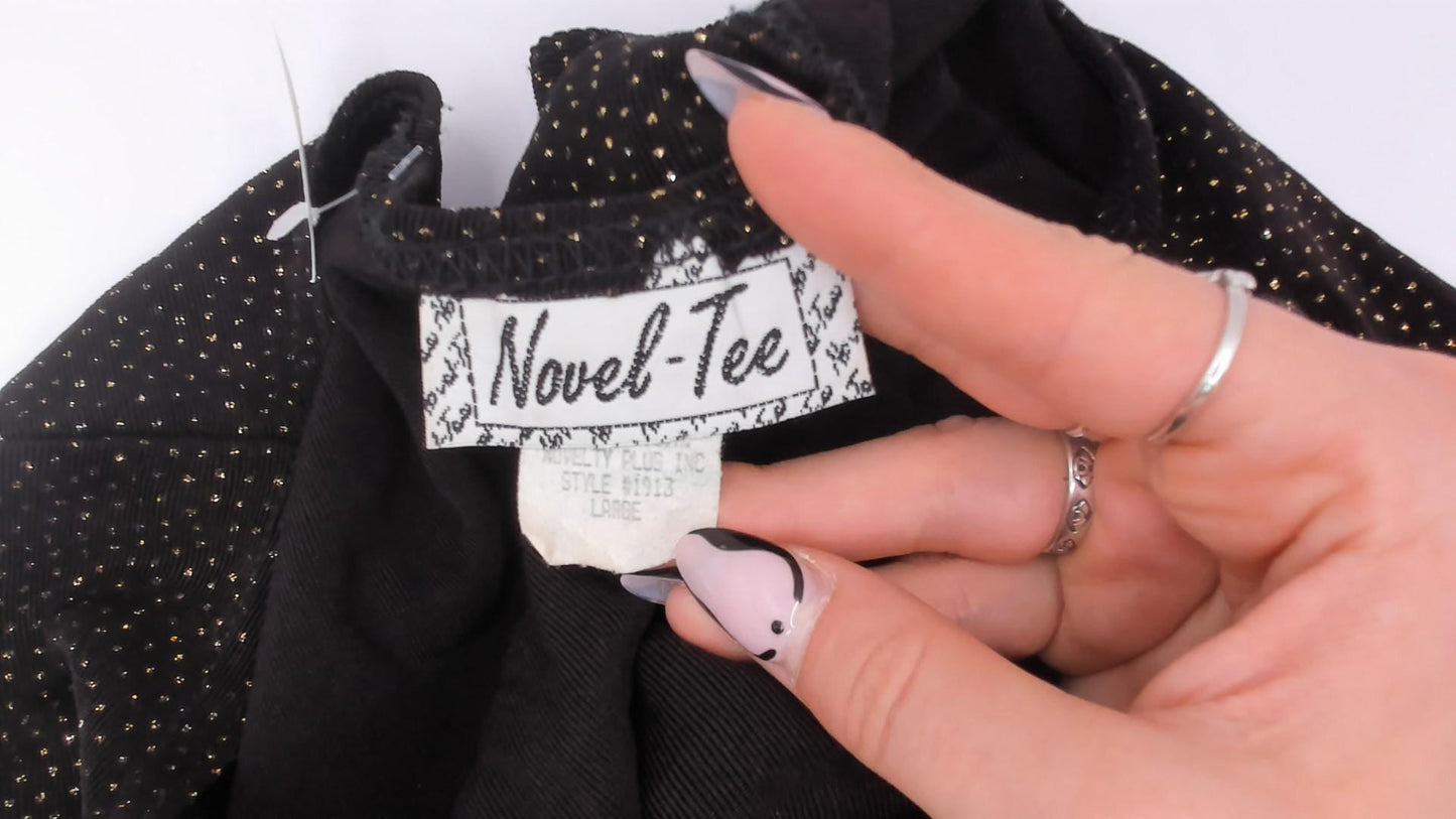 90s Novel-Tee Gold Glitter Black Bodycon Mini Dress Short Sleeve Large L