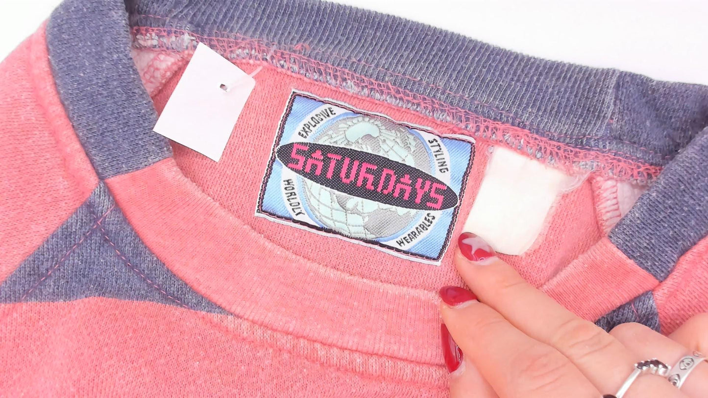 90s Saturdays Pink Navy Striped Rugby Sweatshirt Raglan Sleeve Medium