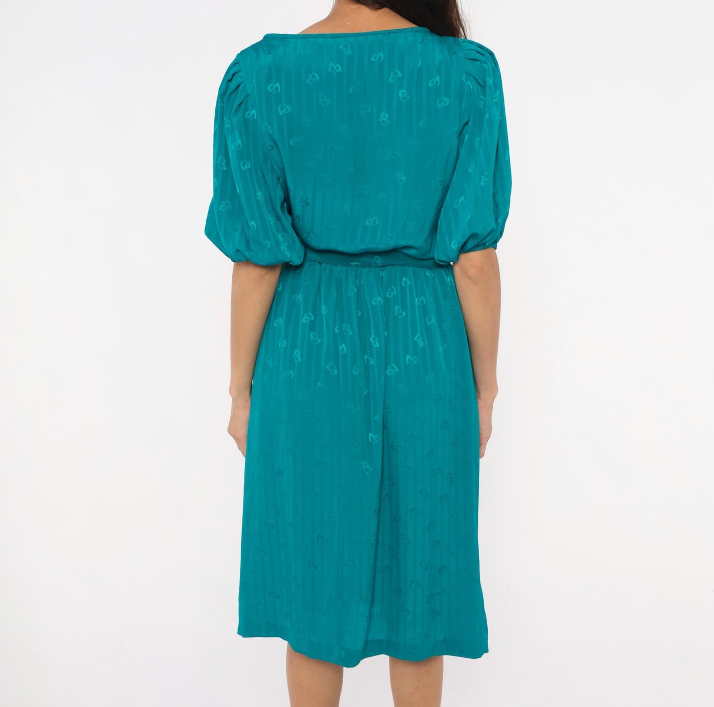 80s Liz Roberts Teal Jacquard Dress Puff Sleeve Boat Neck Knee-Length Medium