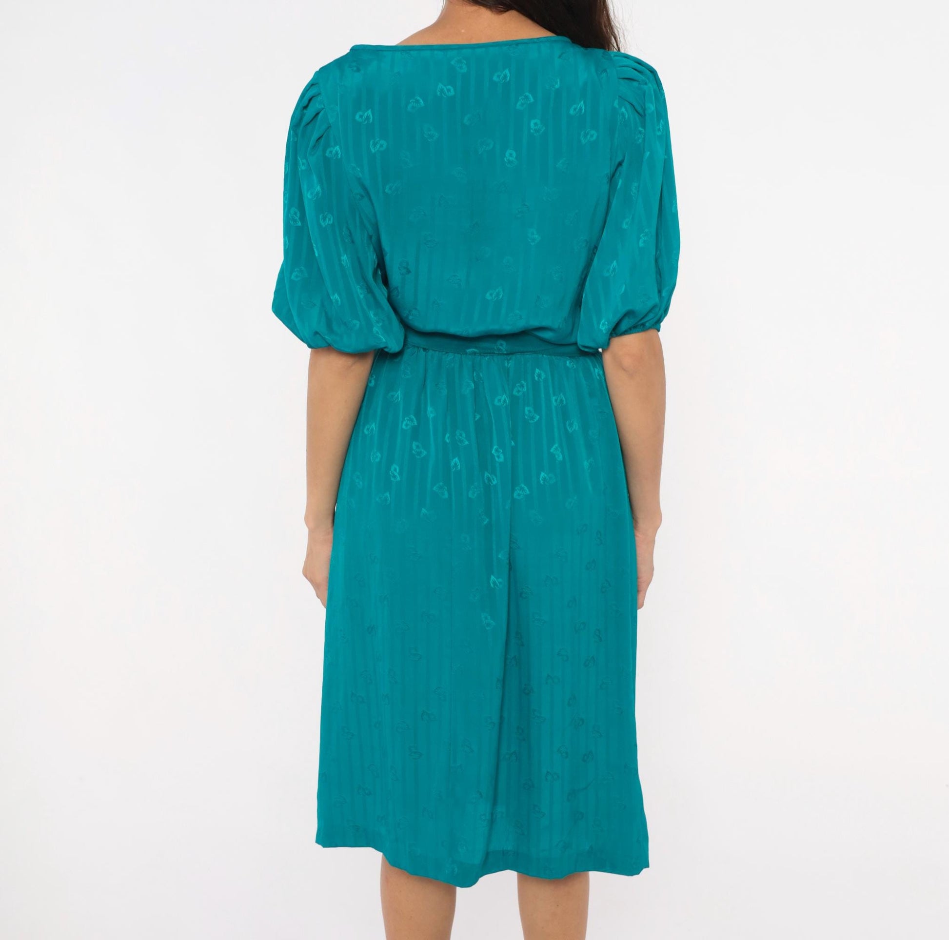 80s Liz Roberts Teal Jacquard Dress Puff Sleeve Boat Neck Knee-Length Medium