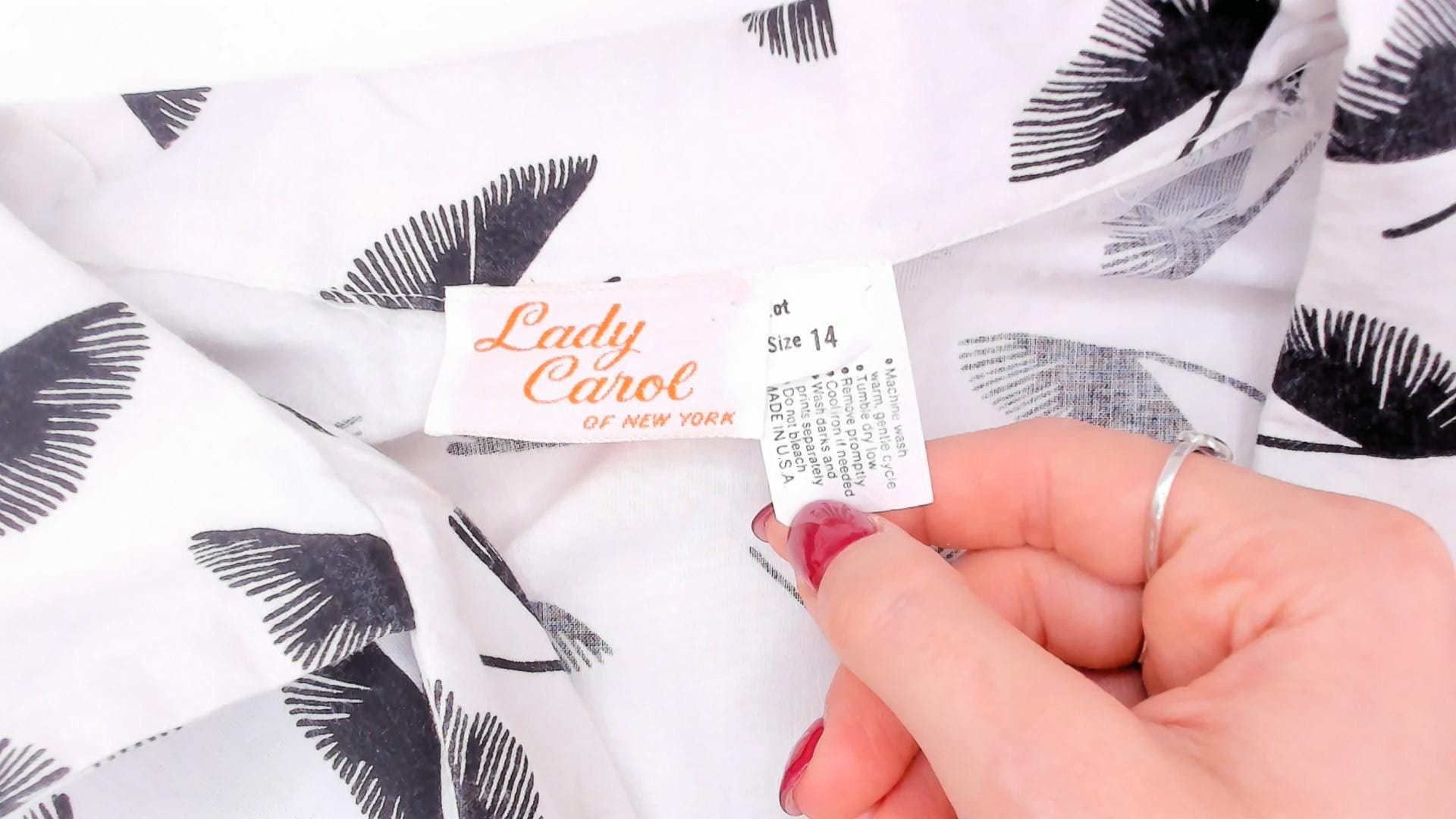 80s Lady Carol Feather Print Shirtdress White Black Cotton Midi Large L