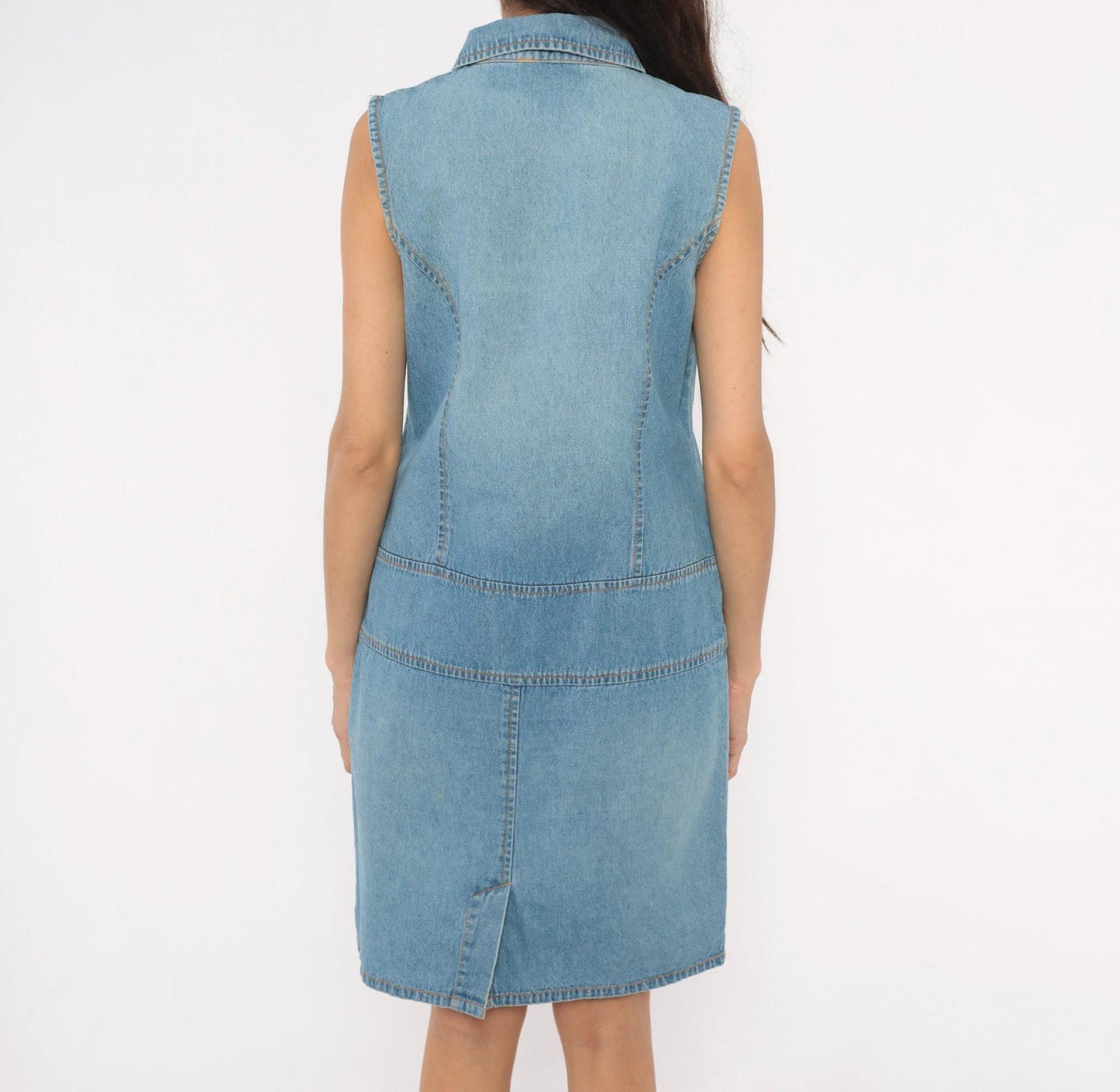 2000s Metrostyle Denim Mini Dress Sleeveless Collared Blue Chambray Sequin Medium