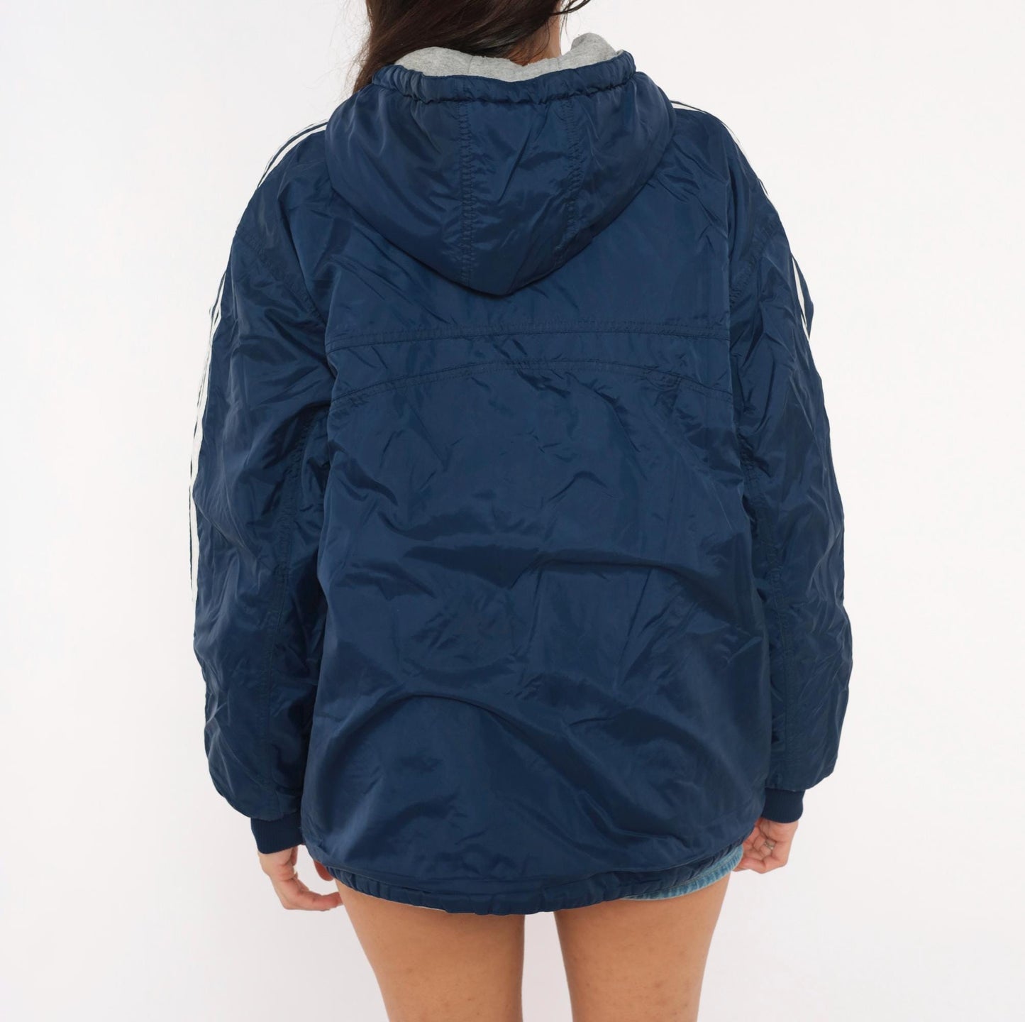 90s Adidas Reversible Windbreaker Hoodie Navy Grey Three Stripe Jacket Large L
