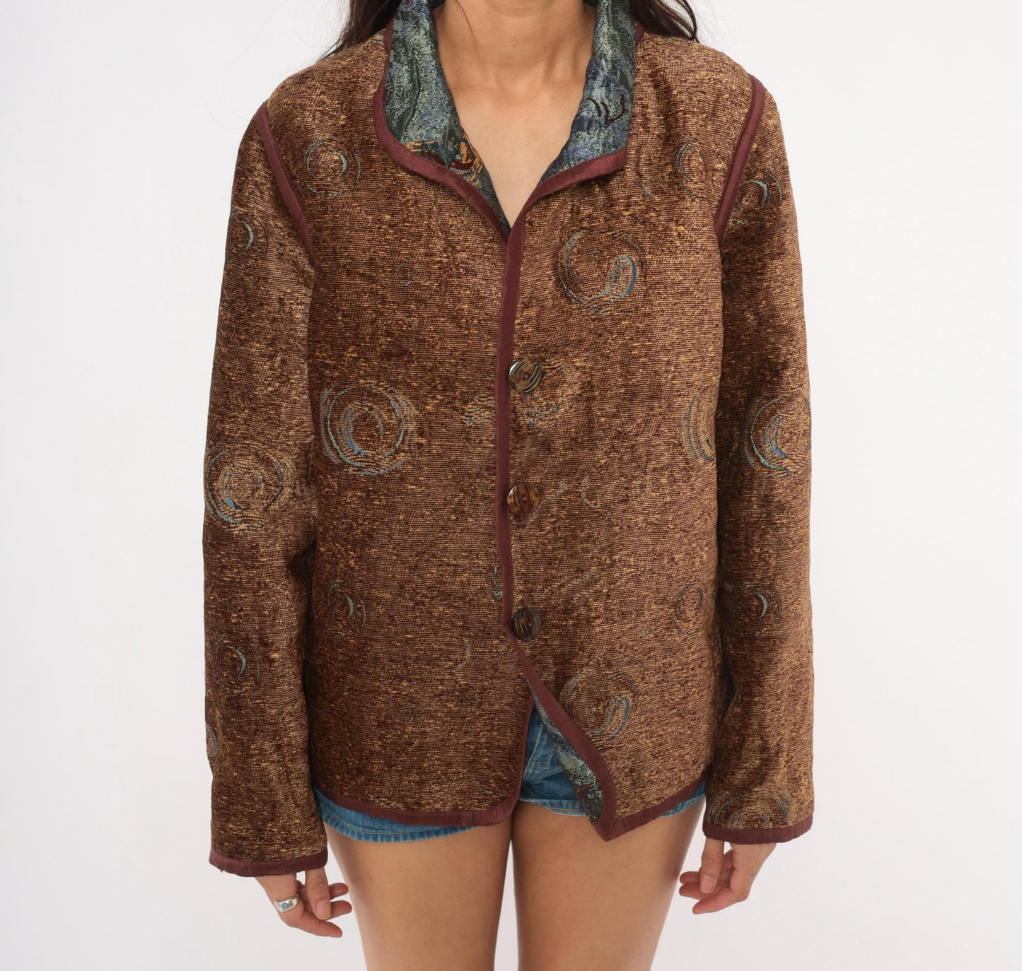 2000s Yak Magik Tapestry Blazer Woven Spiral Jacquard Blue Green Brown Extra Large XXL