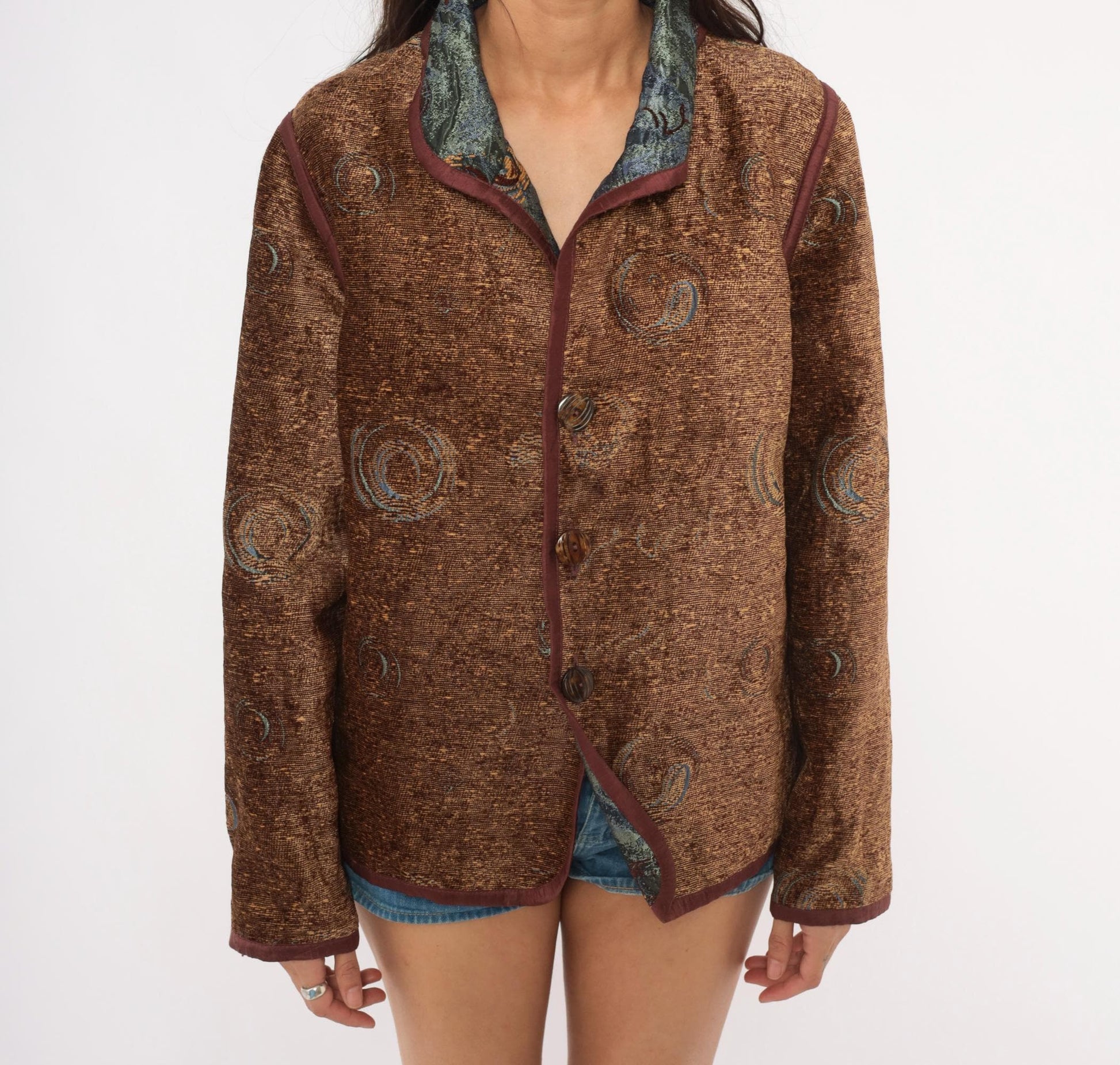 2000s Yak Magik Tapestry Blazer Woven Spiral Jacquard Blue Green Brown Extra Large XXL