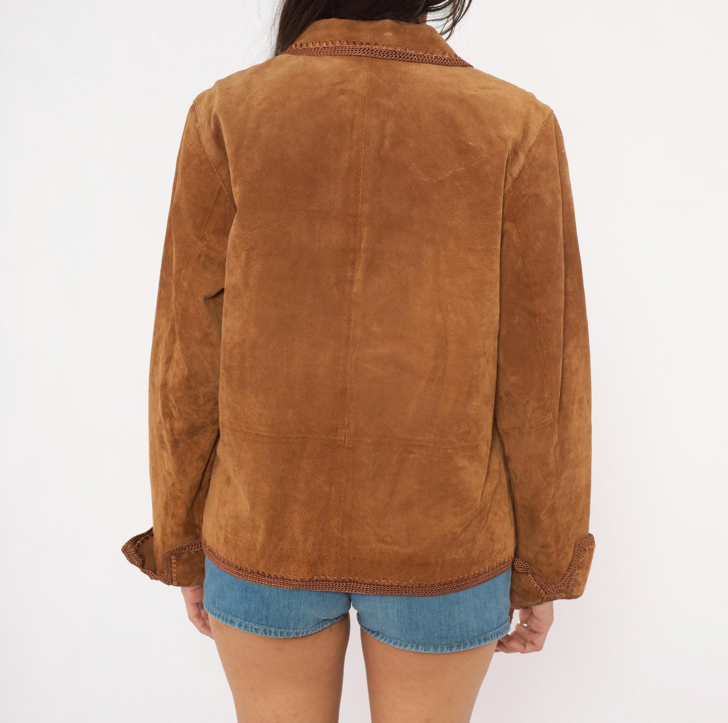 2000s Christopher & Banks Suede Jacket Brown Crochet Trim Zip Collared Large L