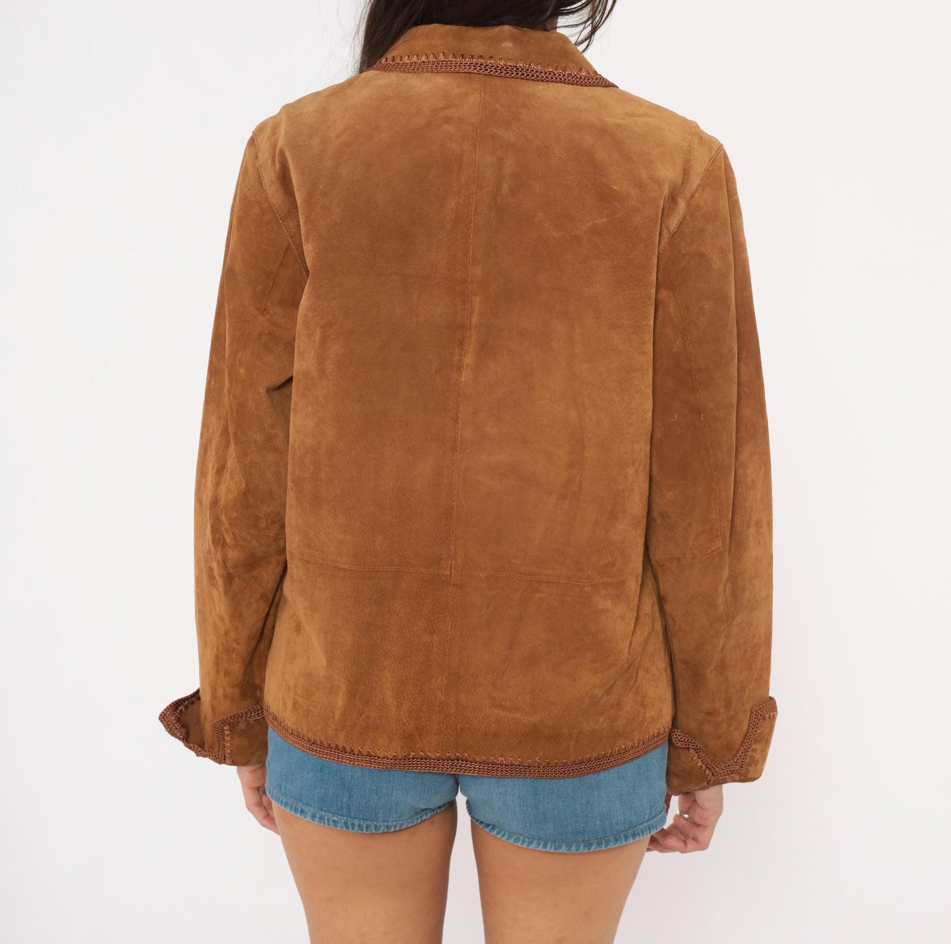 2000s Christopher & Banks Suede Jacket Brown Crochet Trim Zip Collared Large L