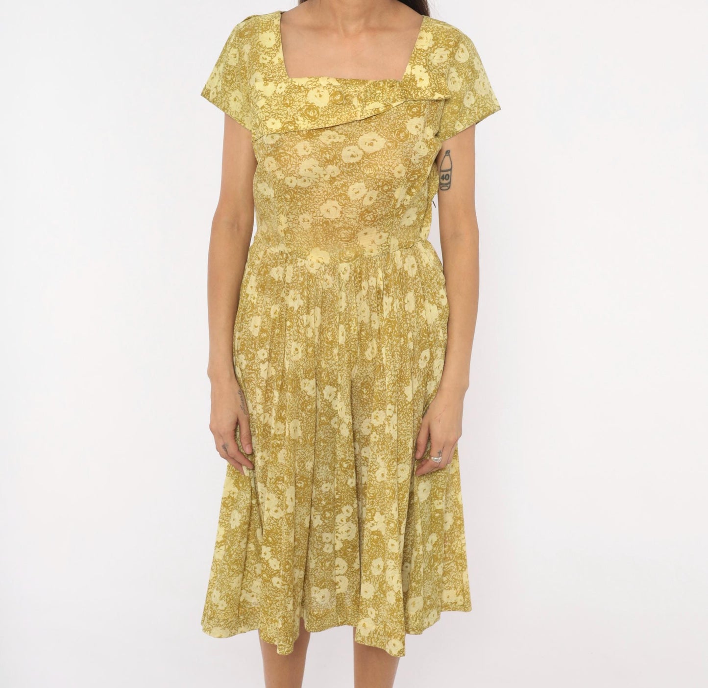 60s Annetta New York Floral Dress Square Neckline Pleated Full Skirt Medium