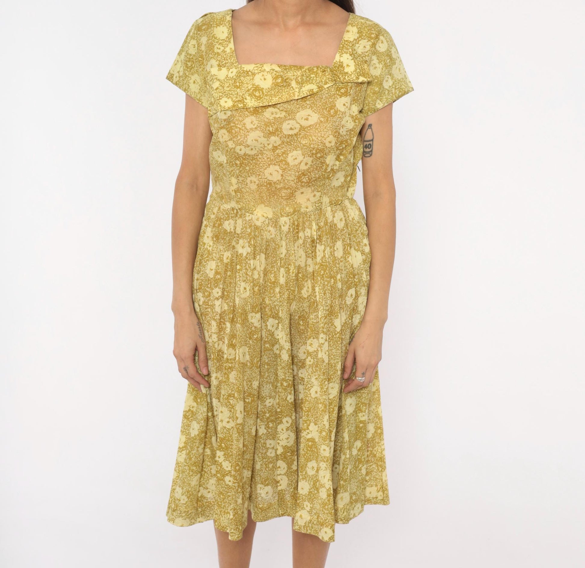60s Annetta New York Floral Dress Square Neckline Pleated Full Skirt Medium