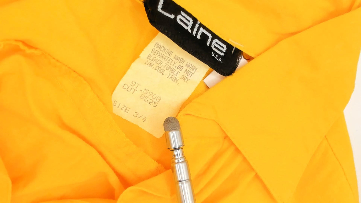 80s Laine Yellow Cotton Shirtdress Midi Collar Pockets Extra Small XS
