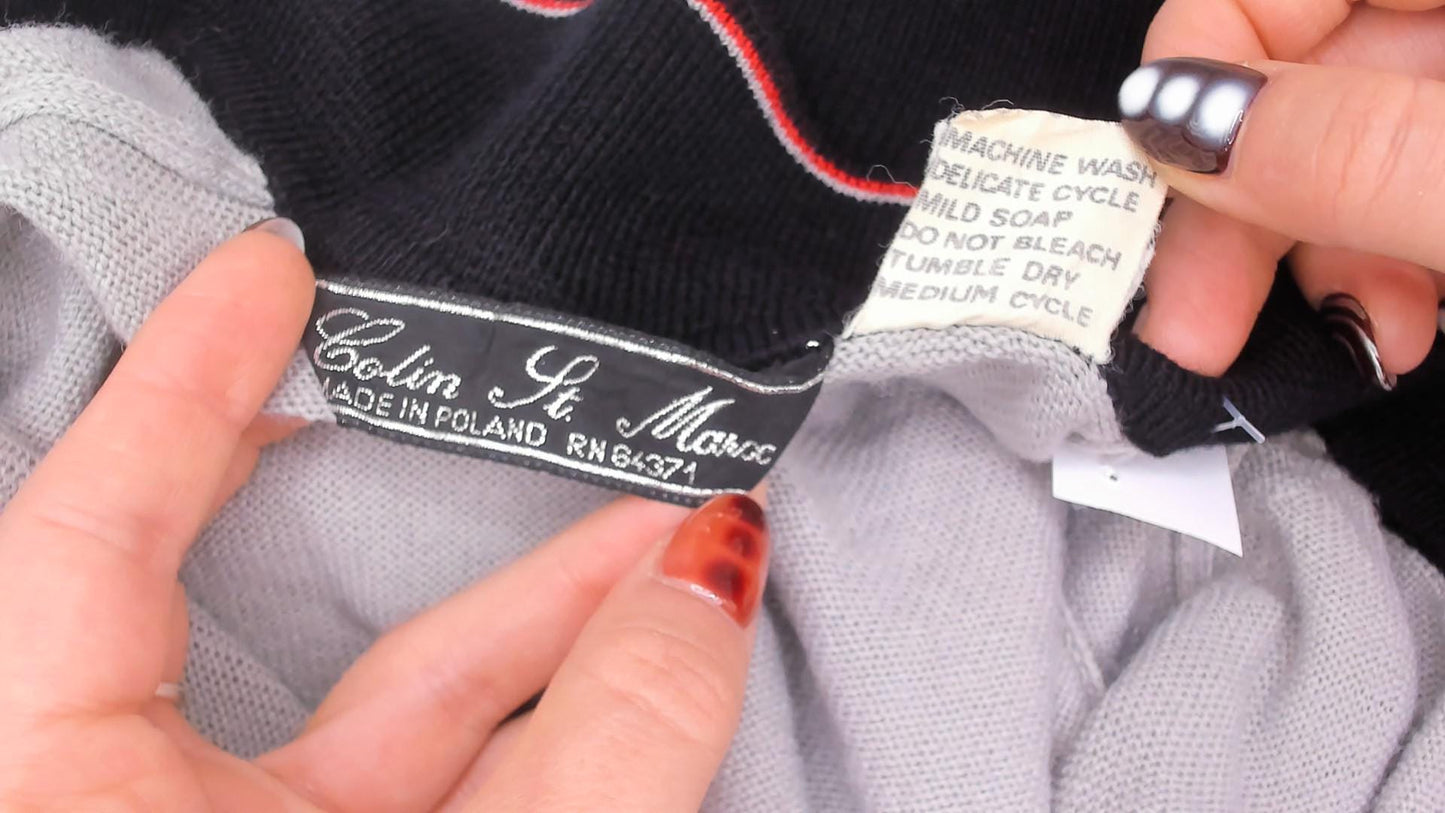80s Colin Lt Marx Striped Polo Sweater Black Grey Red Raglan Knit Large