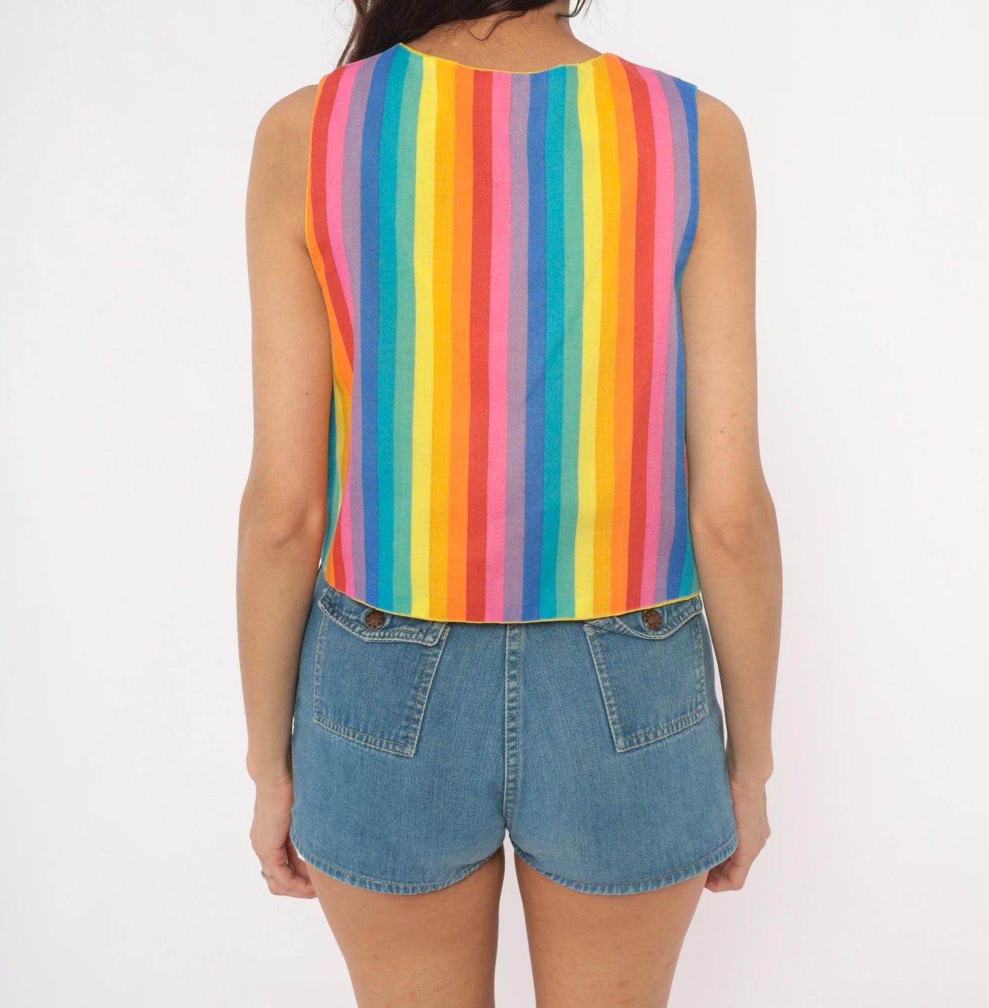 80s Rainbow Stripe Cotton Vest Reversible Yellow Lined Cropped Waistcoat Small