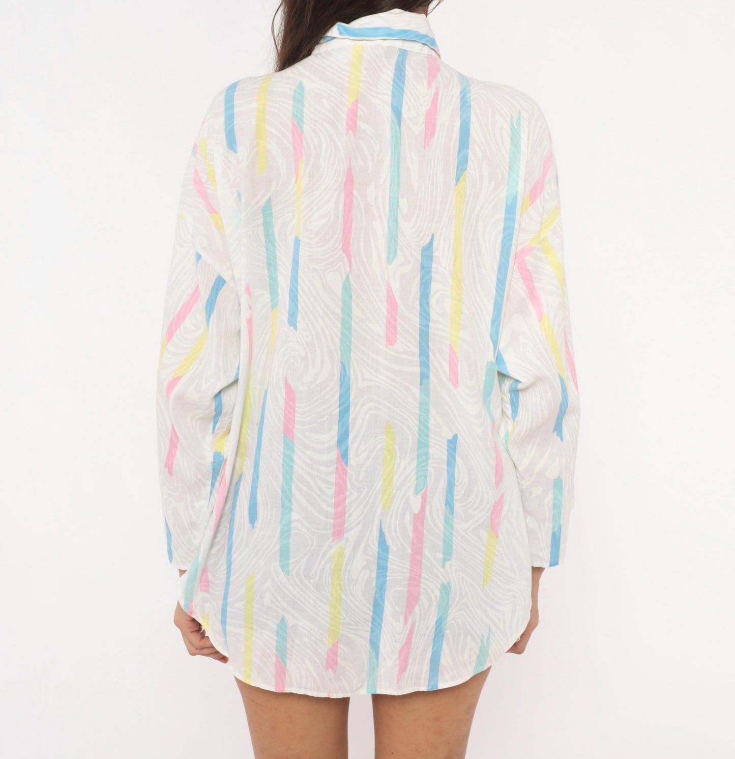 90s Ardmore Abstract Brushstroke Button Blouse Pink Blue Yellow Large L