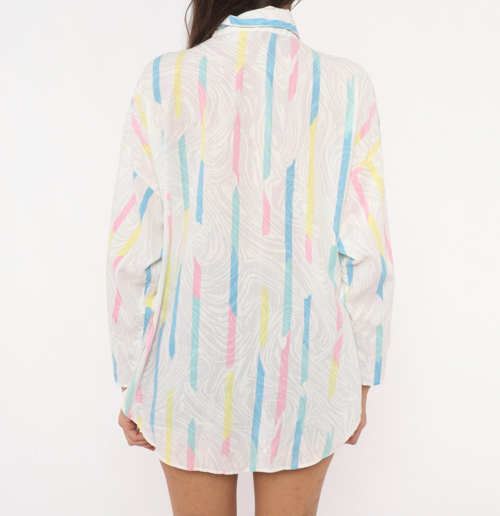 90s Ardmore Abstract Brushstroke Button Blouse Pink Blue Yellow Large L