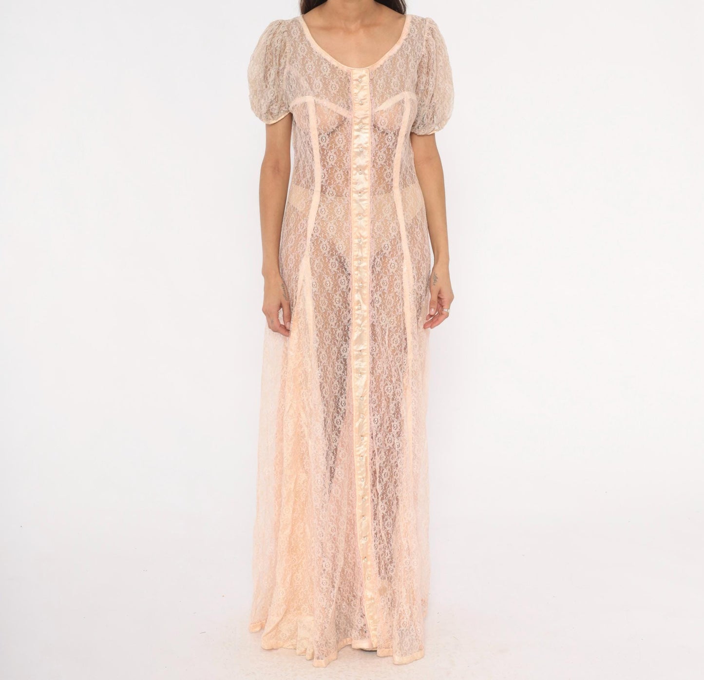 1950s Blush Pink Sheer Lace Maxi Gown Puff Sleeve Corset Bodice Large L