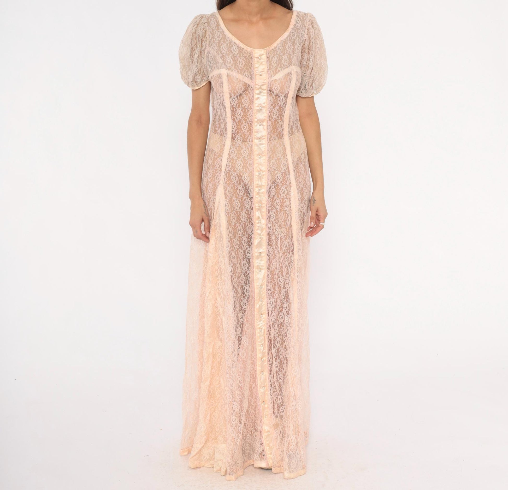 1950s Blush Pink Sheer Lace Maxi Gown Puff Sleeve Corset Bodice Large L