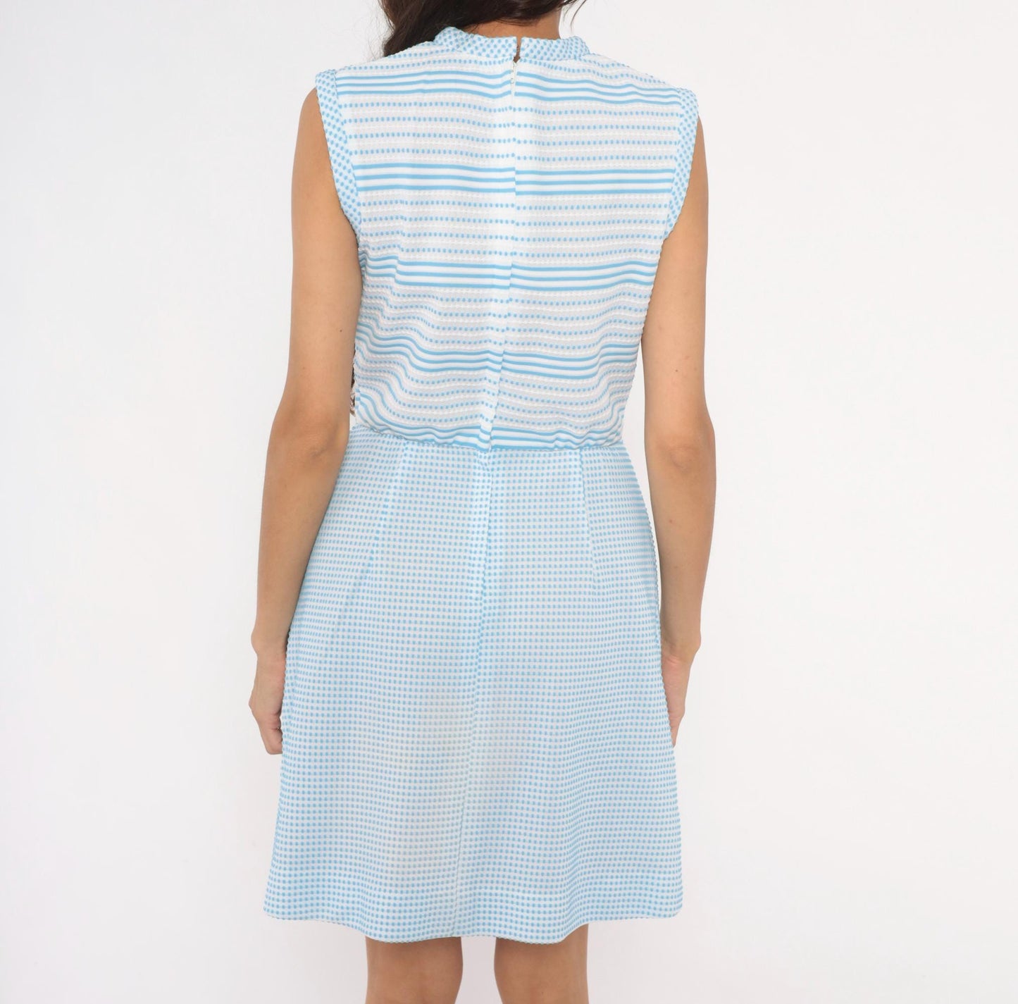 70s Vicky Vaughn Gingham Stripe Dress Sky Blue White Peter Pan Collar Medium
