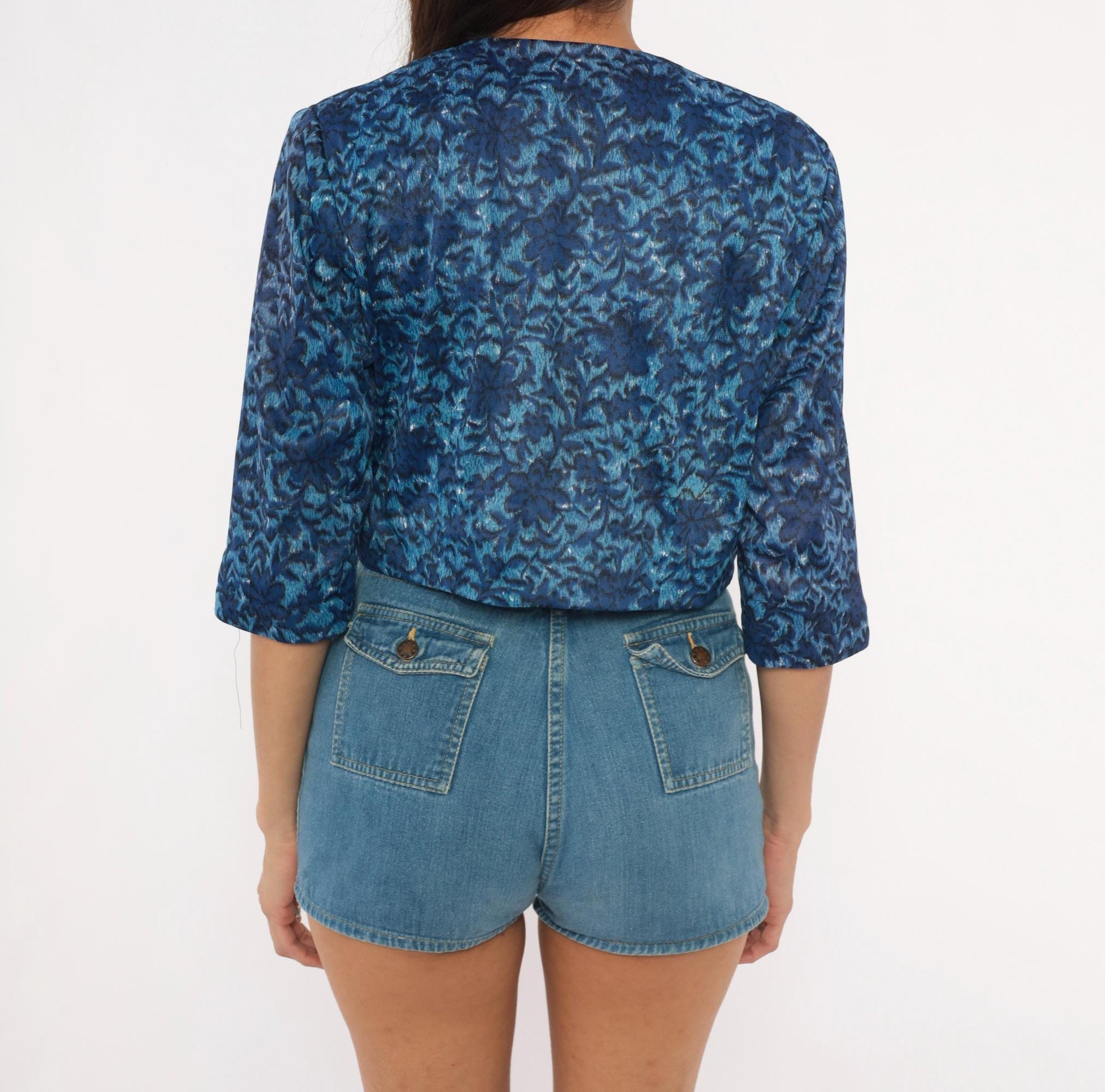 60s Cobalt Jacquard Bolero Jacket Floral Damask Three Quarter Sleeve Medium M