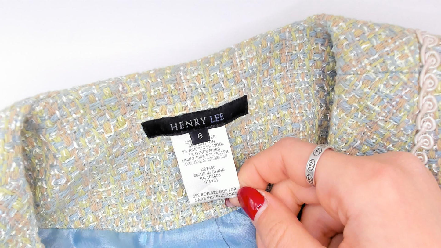 2000s Henry Lee Sage Tweed Blazer Collarless V-Neck Boucle Small S