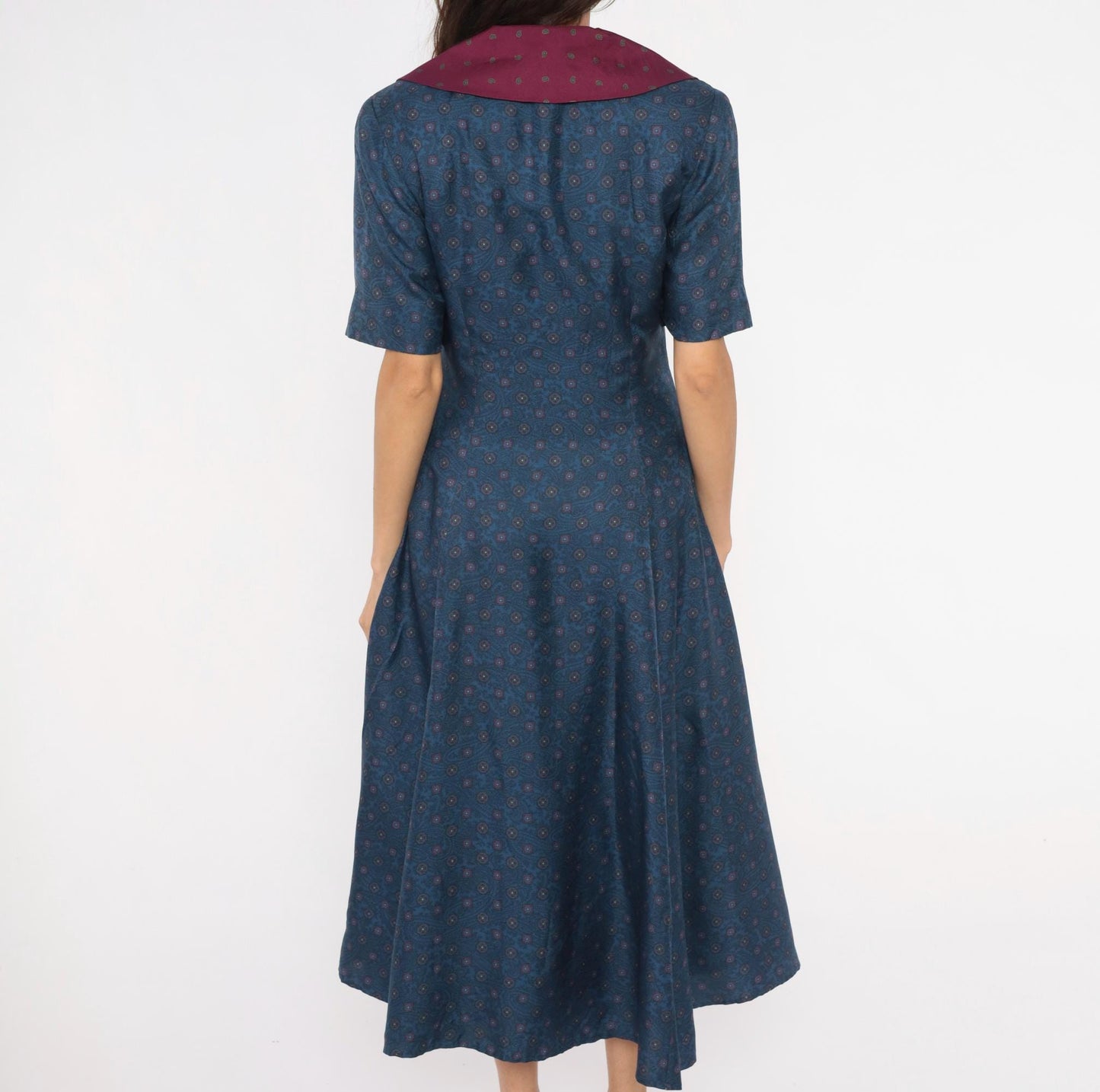 90s Donna Fredericks Navy Paisley Midi Dress Burgundy Shawl Collar Medium M