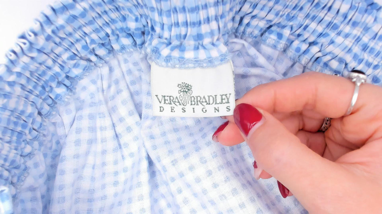 80s Vera Bradley Gingham Cotton Maxi Skirt Blue White Floral Border Small Medium