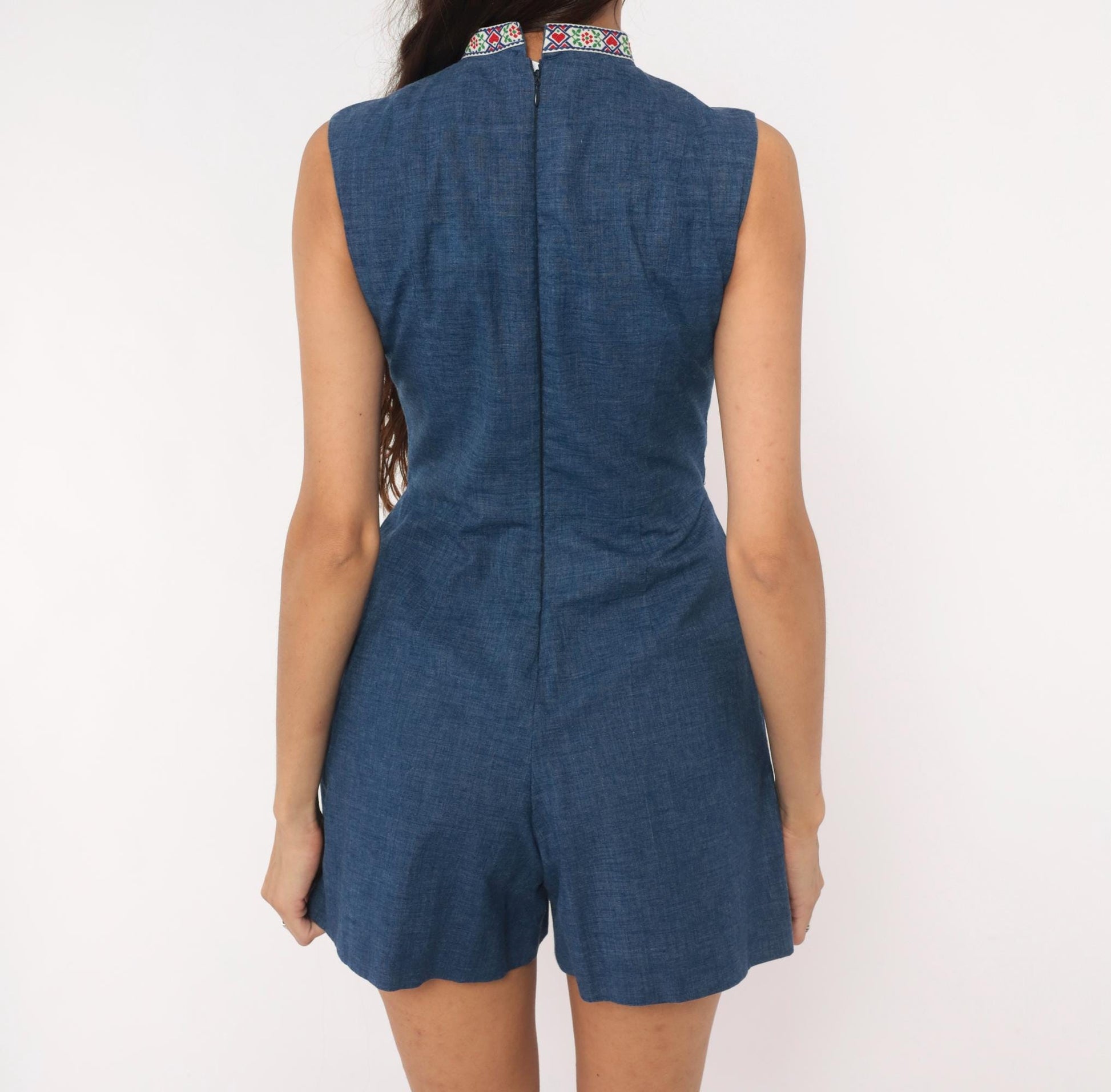60s Navy Chambray Romper Embroidered Folk Floral Mock Neck Playsuit XS